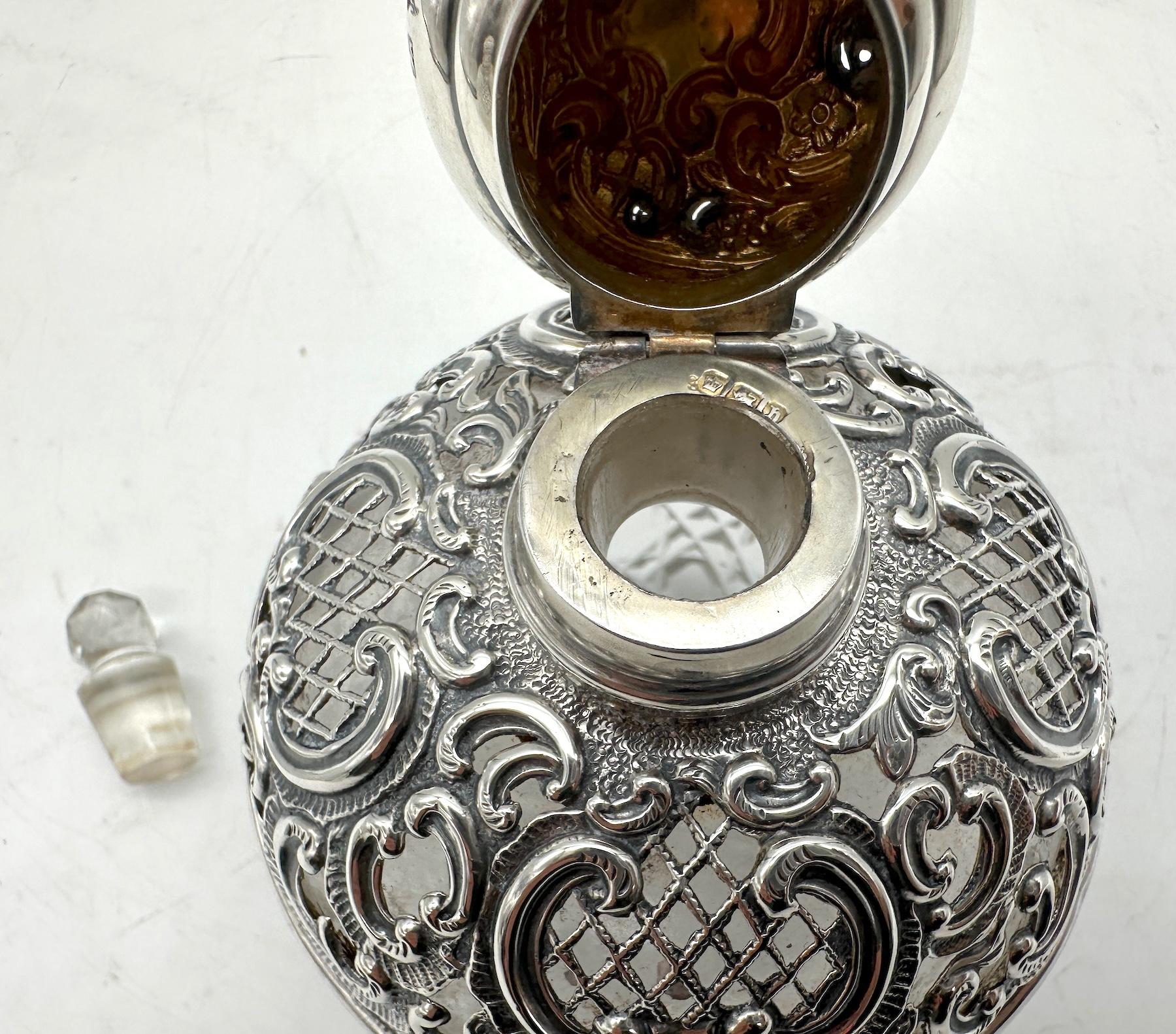 Sterling Silver English Victorian Pierced Sterling & Cut Glass Perfume Bottle, Sheffield , 1901