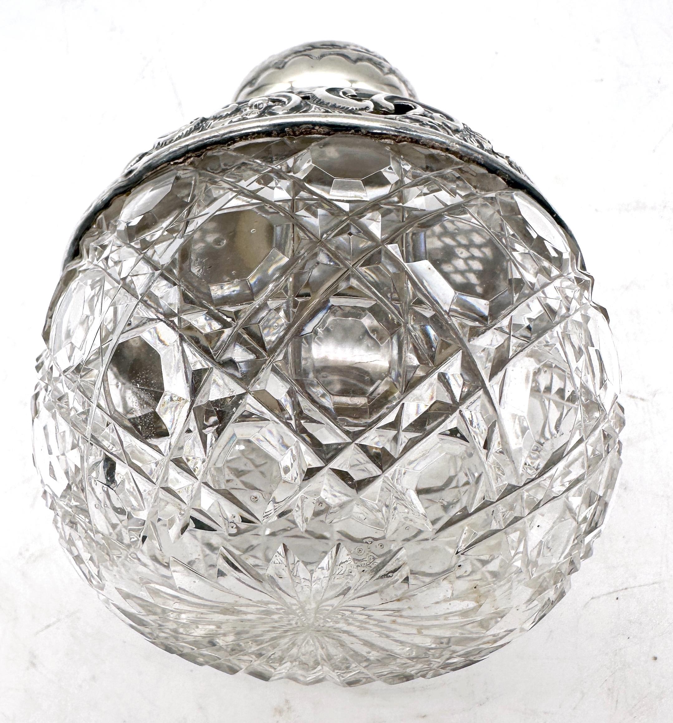 English Victorian Pierced Sterling & Cut Glass Perfume Bottle, Sheffield , 1901 1