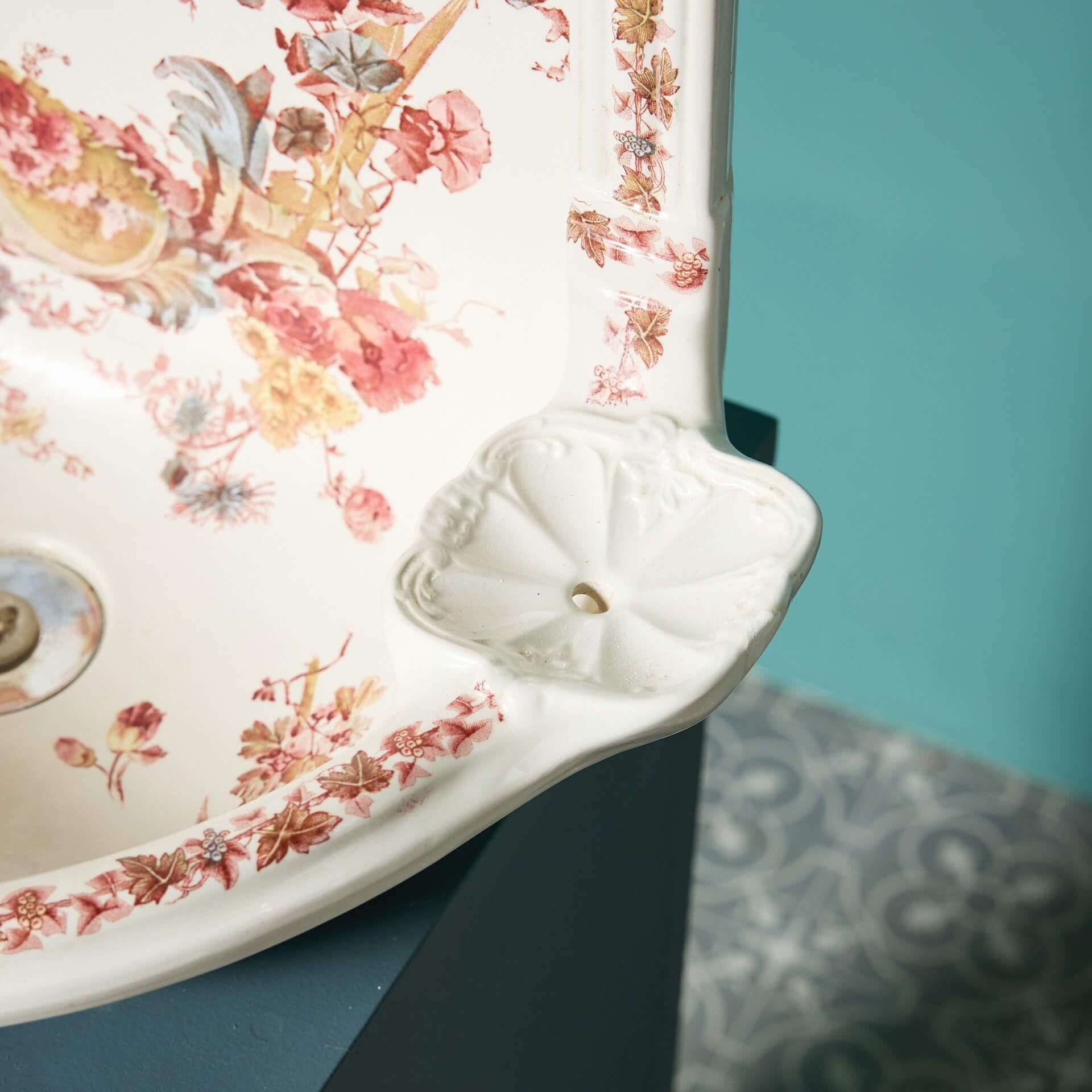 Ceramic English Victorian Polychrome Patterned Wall Mounted Sink Basin For Sale