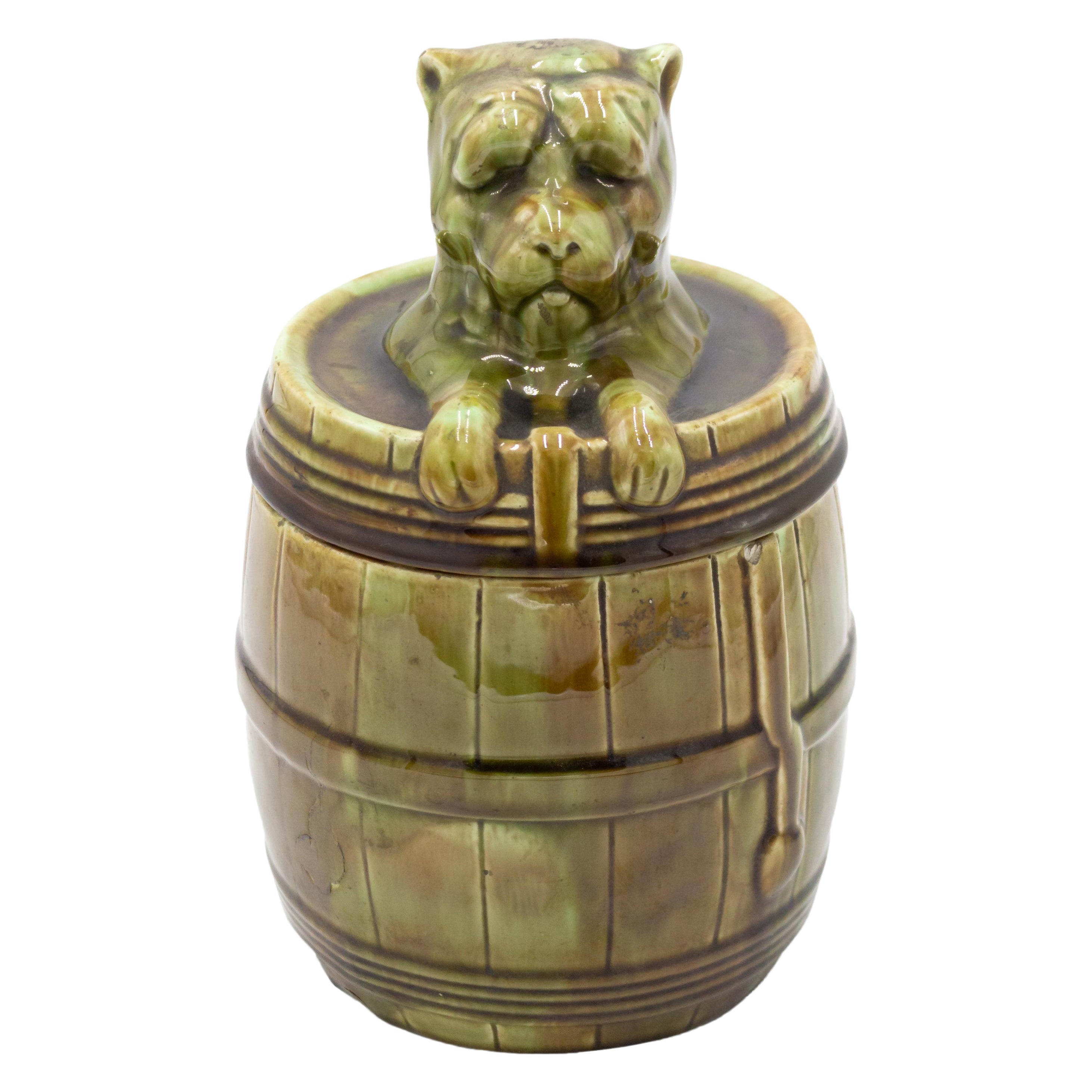 English Victorian Porcelain Barrel and Dog Box For Sale