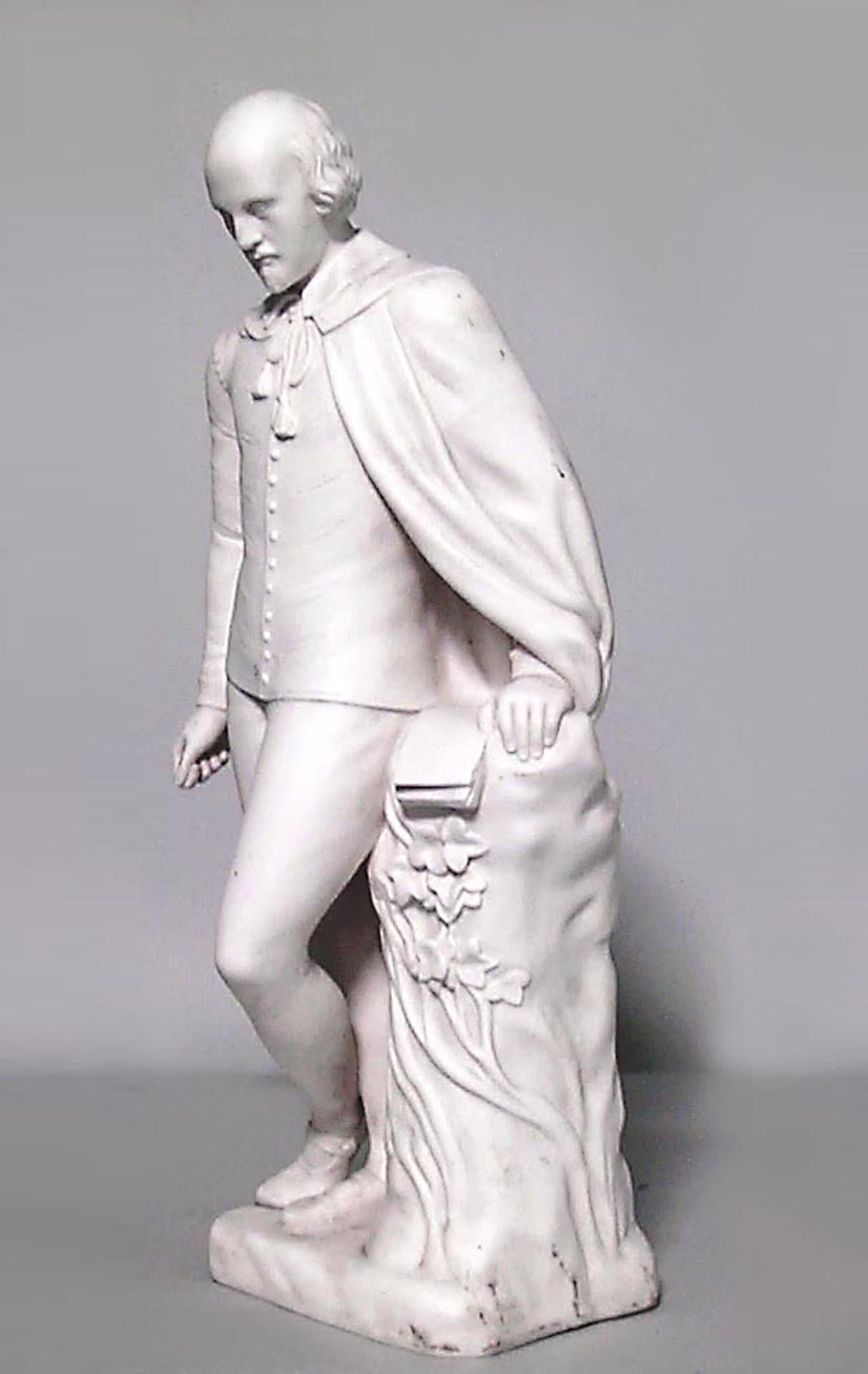 English Victorian white parian porcelain figure of William Shakespeare standing by tree stump (signed JOHN BELL)

