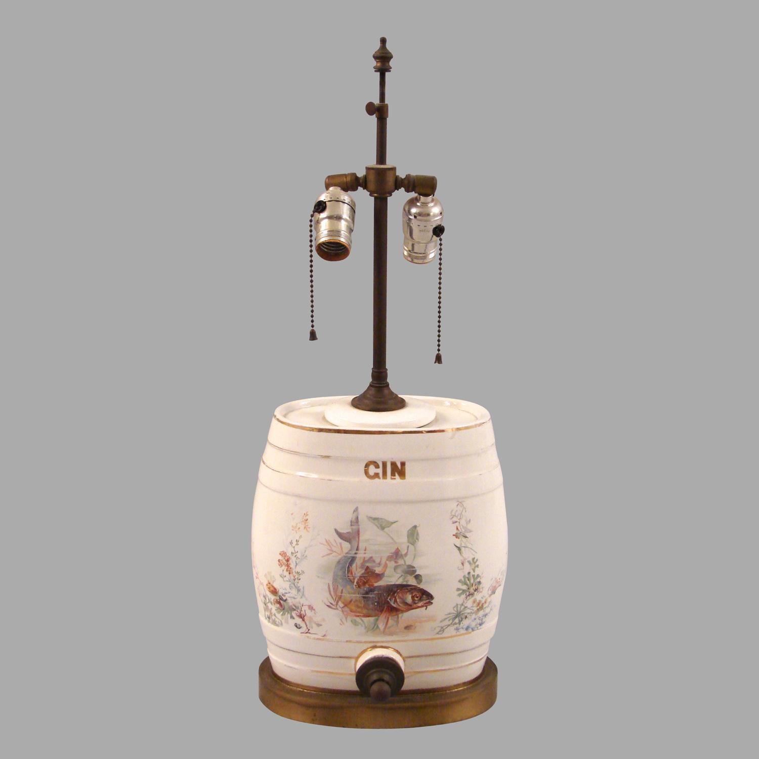 19th Century English Victorian Porcelain Gin Dispenser with Trout Decoration