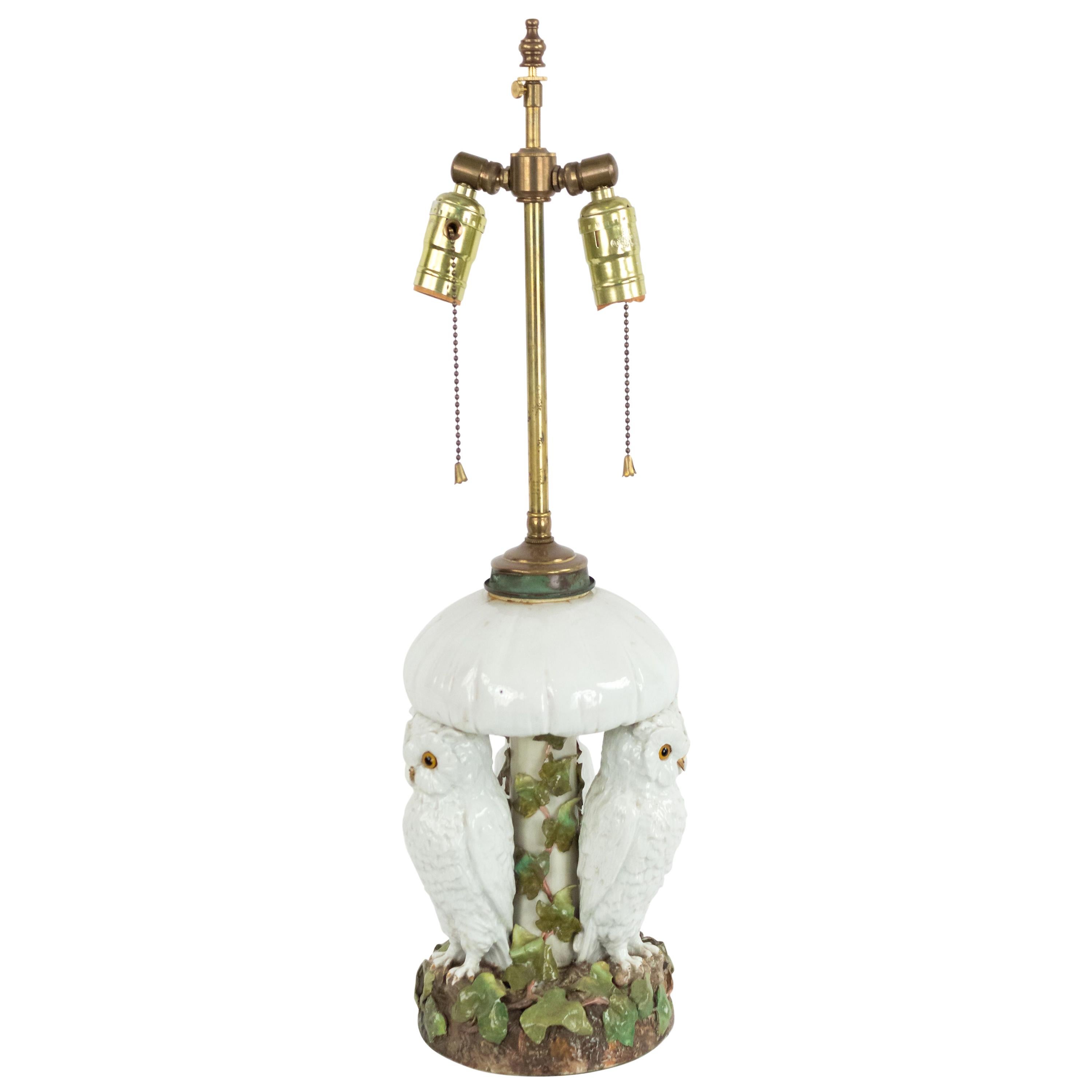 English Victorian Porcelain Owl Table Lamp For Sale