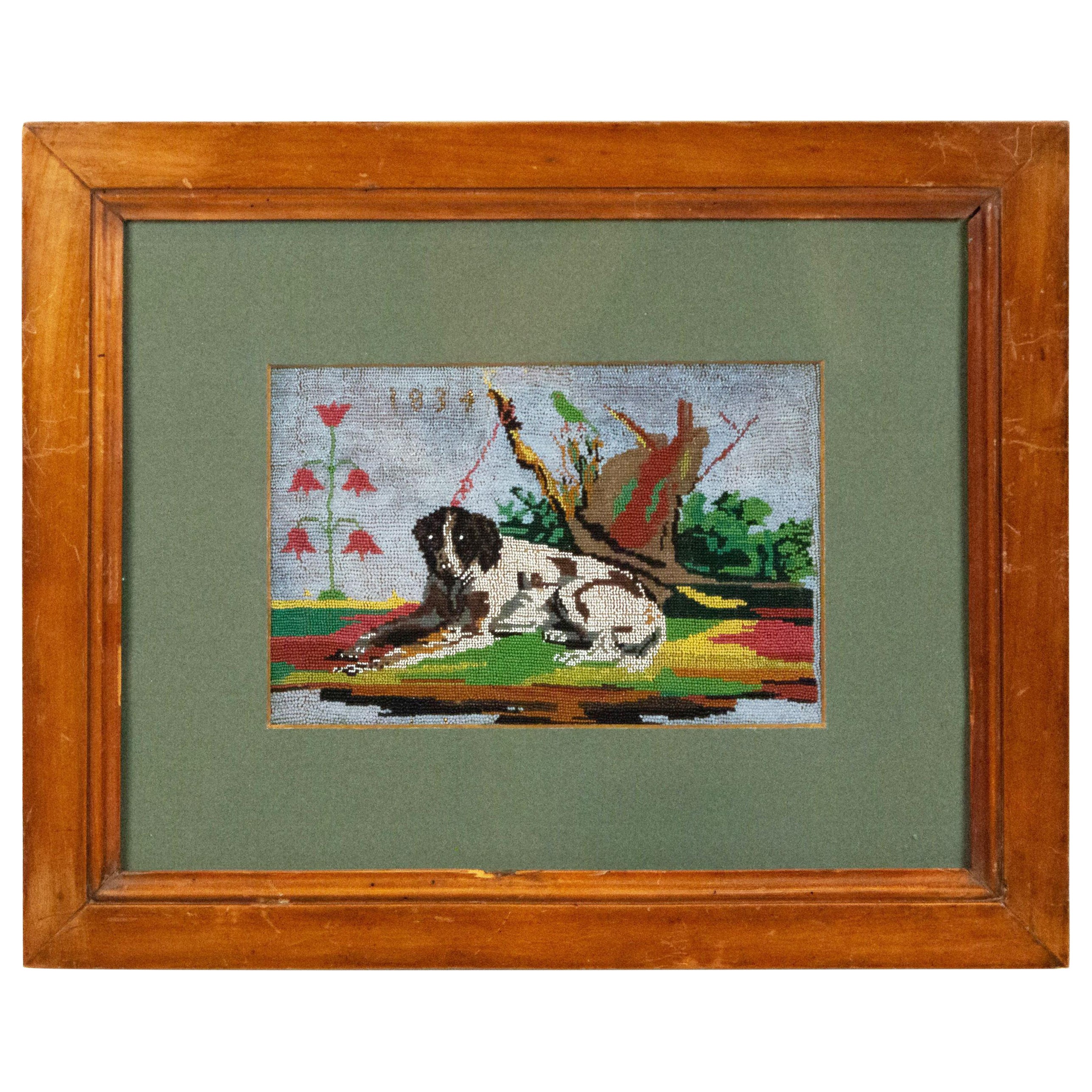 English Victorian Reclining Dog Embroidery For Sale