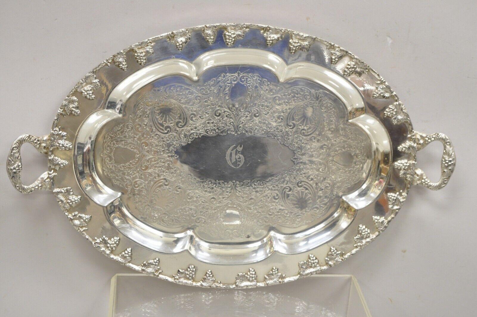 English Victorian Regency Silver Plate Oval Grapevine Platter Tray with Monogram For Sale 1