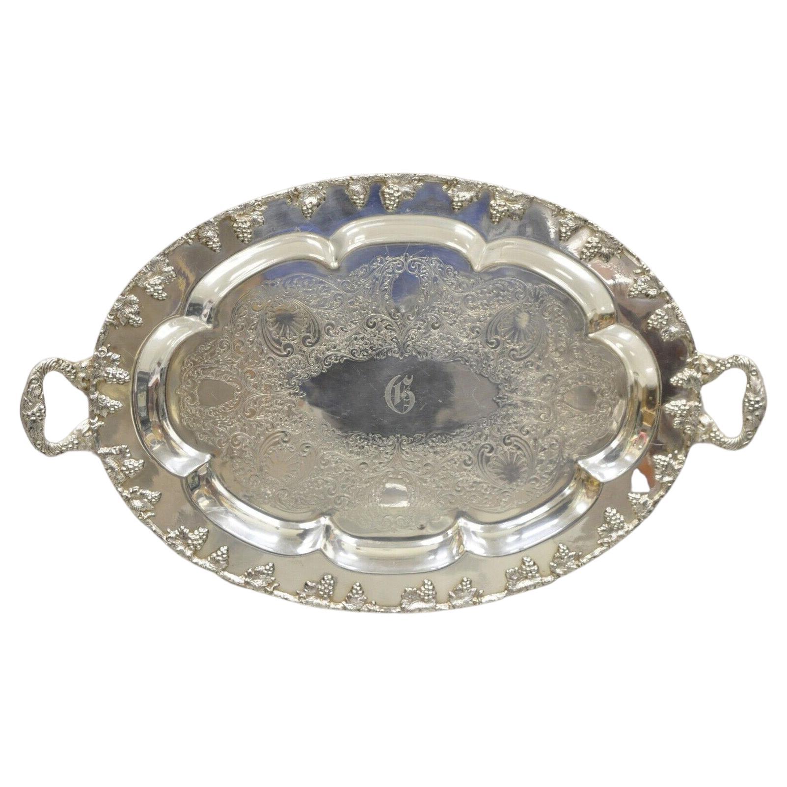 English Victorian Regency Silver Plate Oval Grapevine Platter Tray with Monogram For Sale