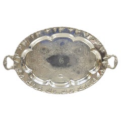 Antique English Victorian Regency Silver Plate Oval Grapevine Platter Tray with Monogram
