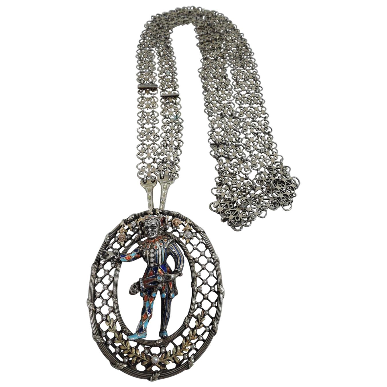 English Victorian Renaissance Silver Gilt & Enamel Jester Necklace