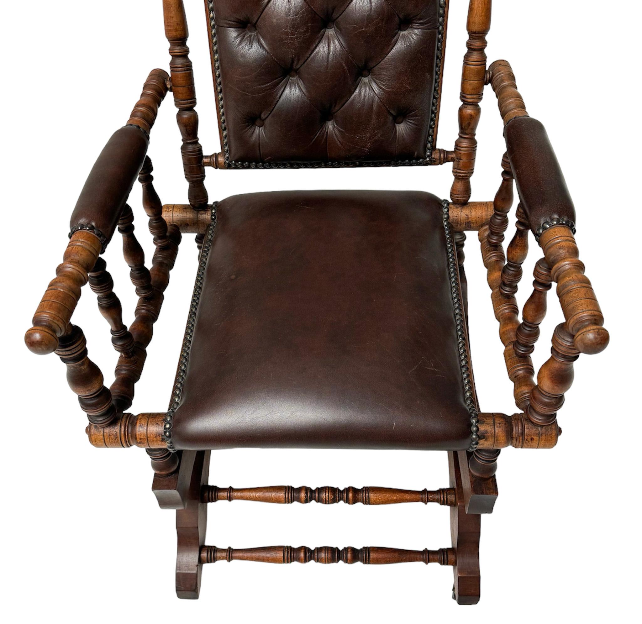 English Victorian Rocking Chair with Leather Upholstery, 1890s For Sale 5