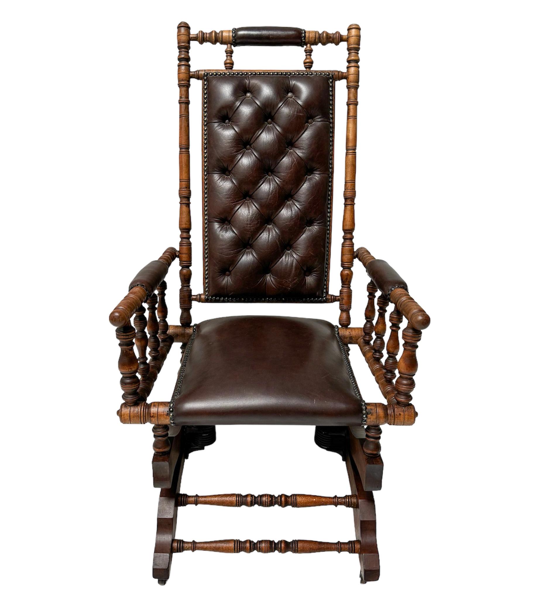 British English Victorian Rocking Chair with Leather Upholstery, 1890s For Sale