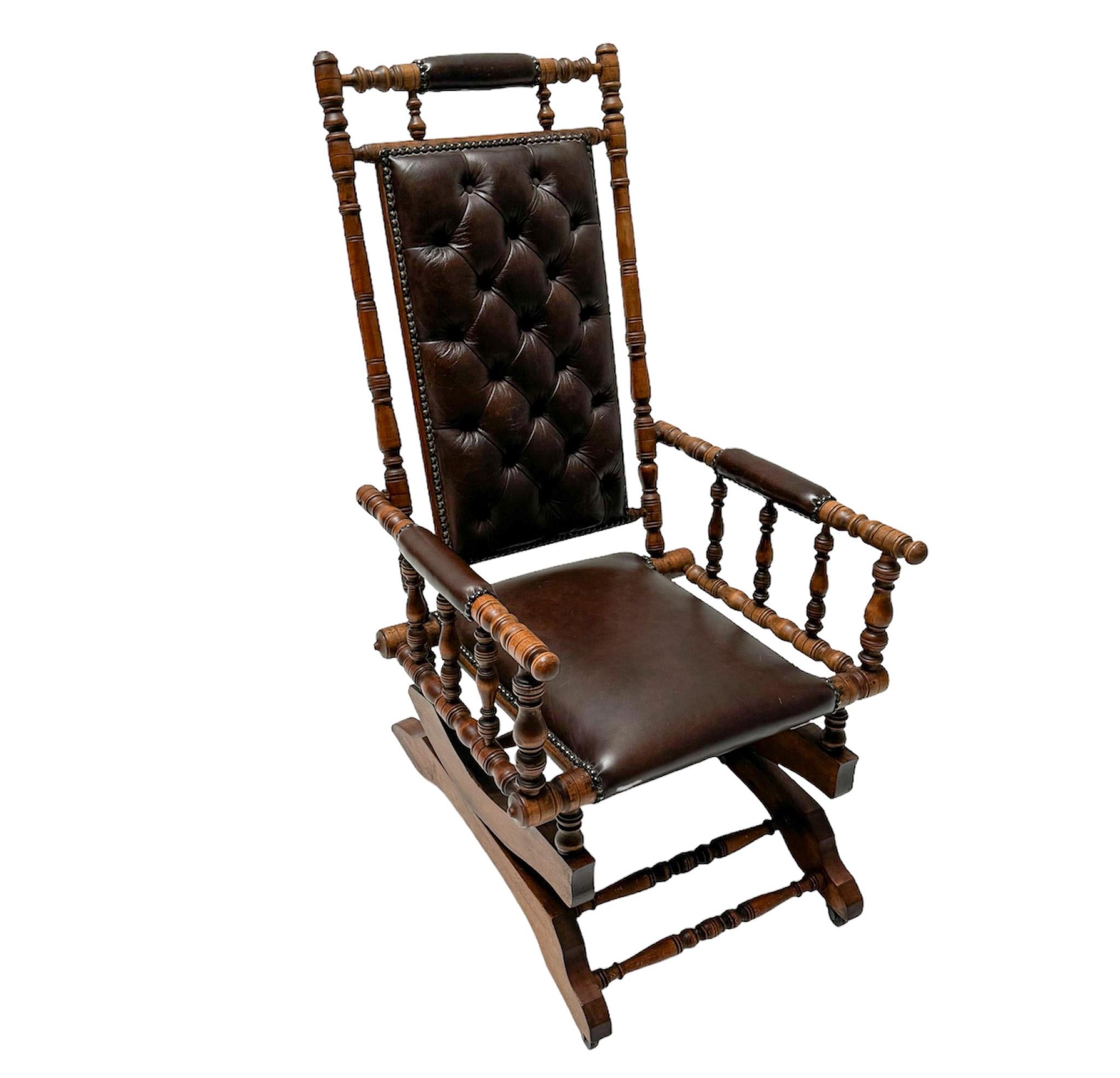 Stained English Victorian Rocking Chair with Leather Upholstery, 1890s For Sale