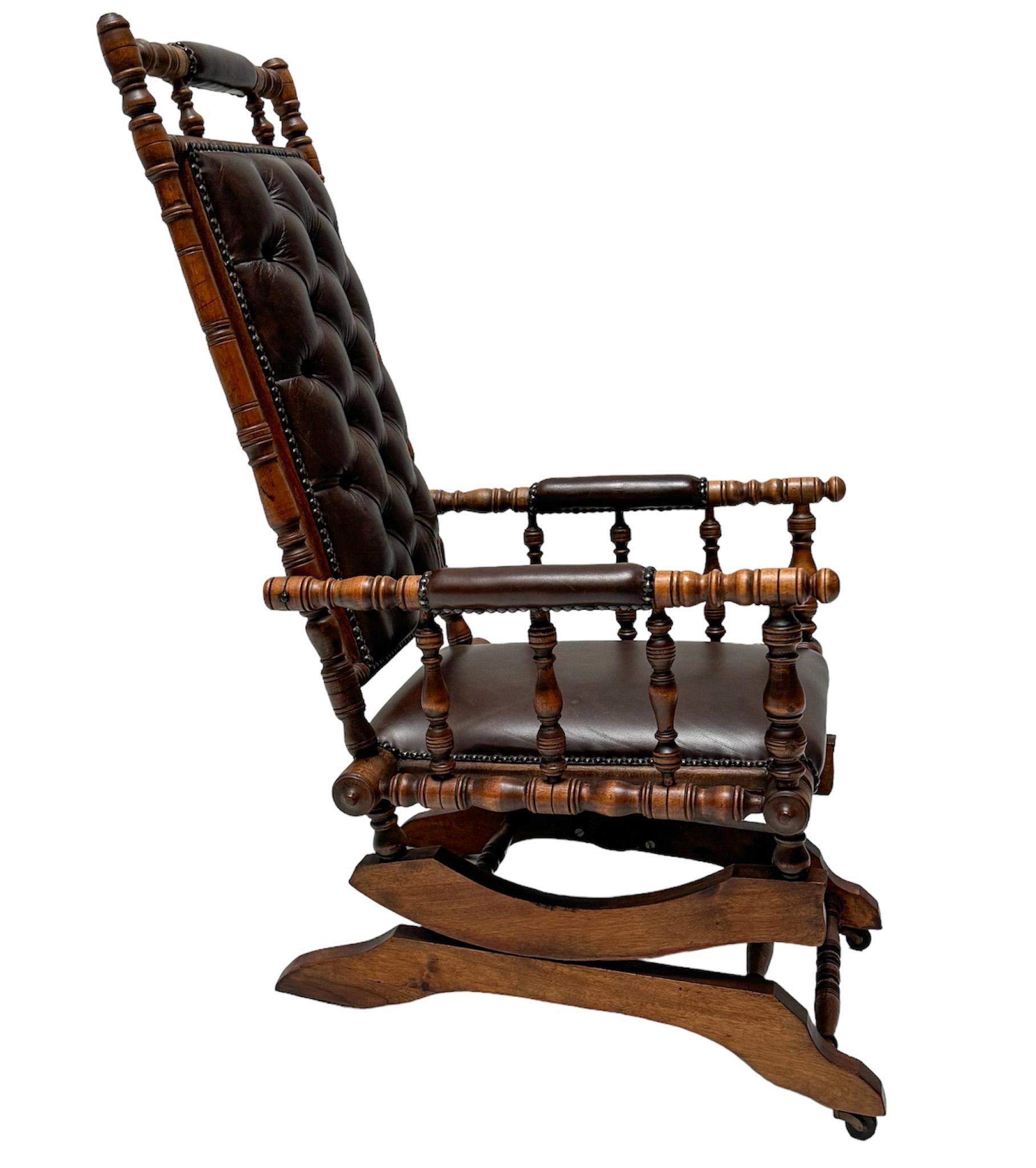 Late 19th Century English Victorian Rocking Chair with Leather Upholstery, 1890s For Sale