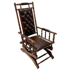 Chaise à bascule victorienne anglaise avec tapisserie en cuir, années 1890