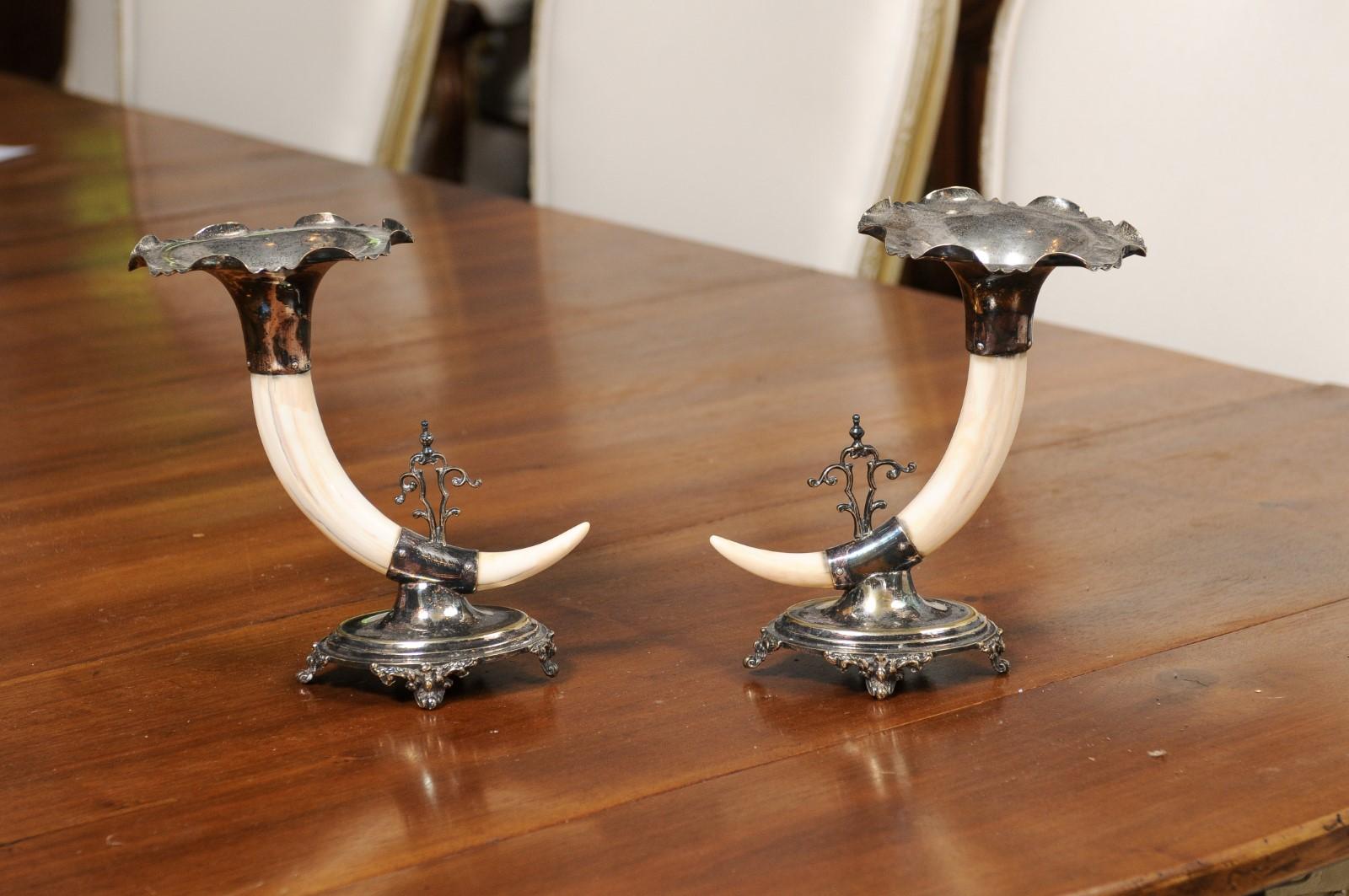 English Victorian Rodgers & Sons 19th Century Game Animal Horns on Silver Mounts In Good Condition For Sale In Atlanta, GA