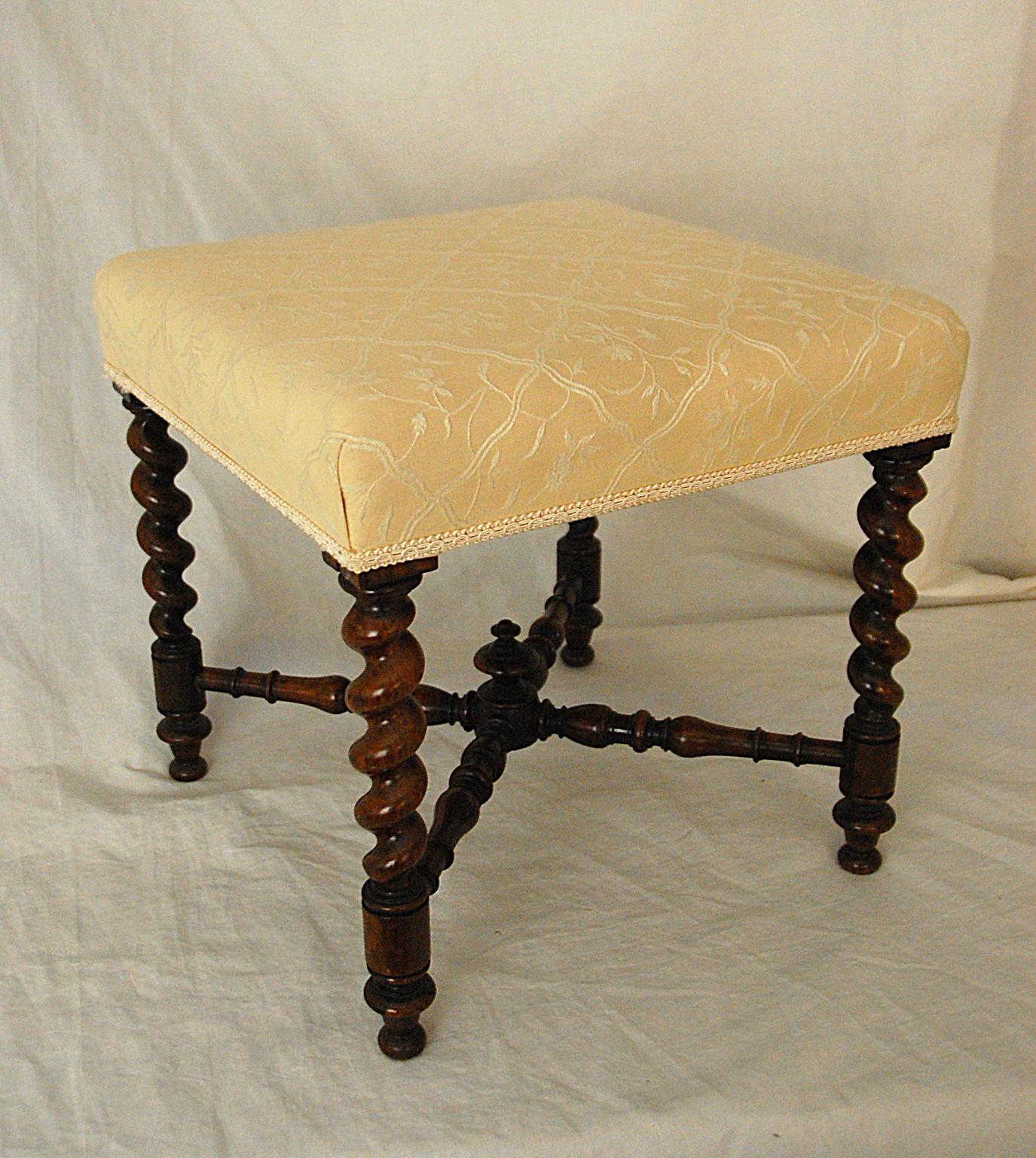 English Victorian Rosewood Twist Turned Upholstered Stool with Cross Stretcher 1