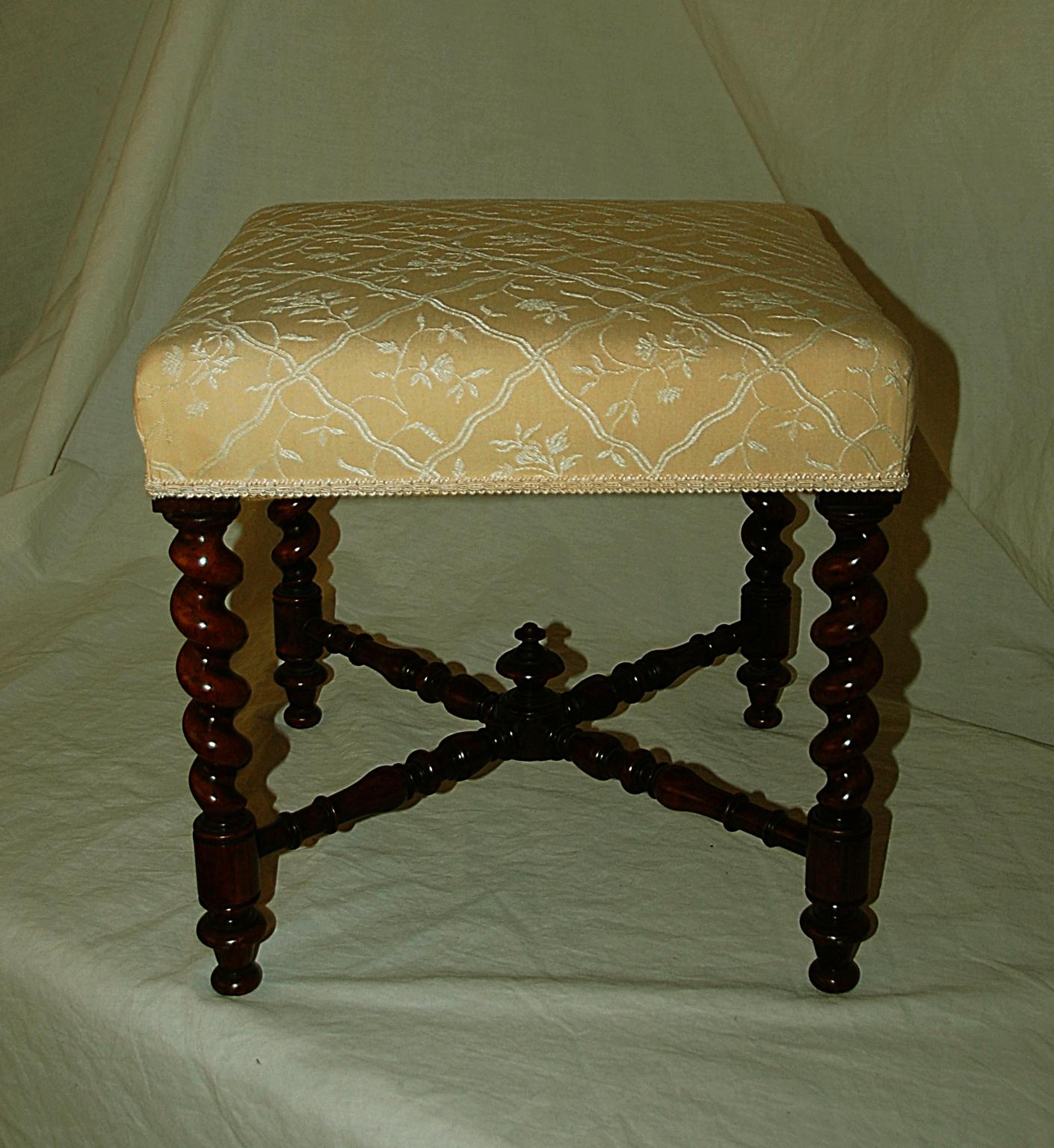 English Victorian Rosewood Twist Turned Upholstered Stool with Cross Stretcher 2