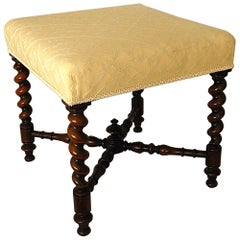 English Victorian Rosewood Twist Turned Upholstered Stool with Cross Stretcher