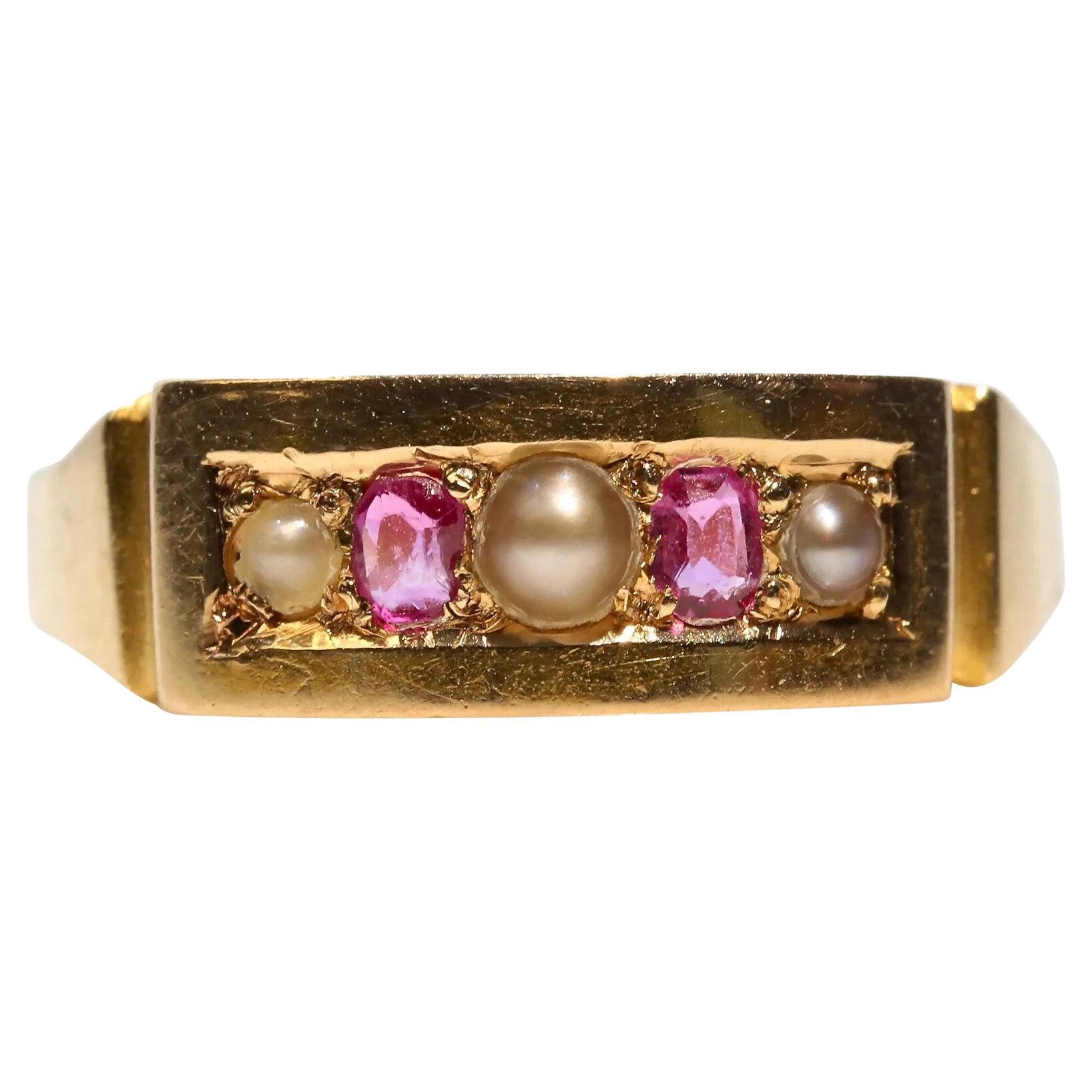 English Victorian Ruby 
Pearl Five Stone Ring in 15ct Gold