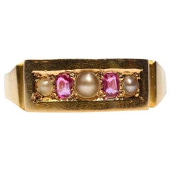 English Victorian Ruby & Pearl Five Stone Ring in 15ct Gold