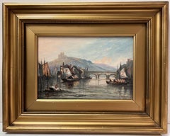 Antique Victorian English Signed Oil Coastal Estuary Scene Fishing Boats Gilt Framed