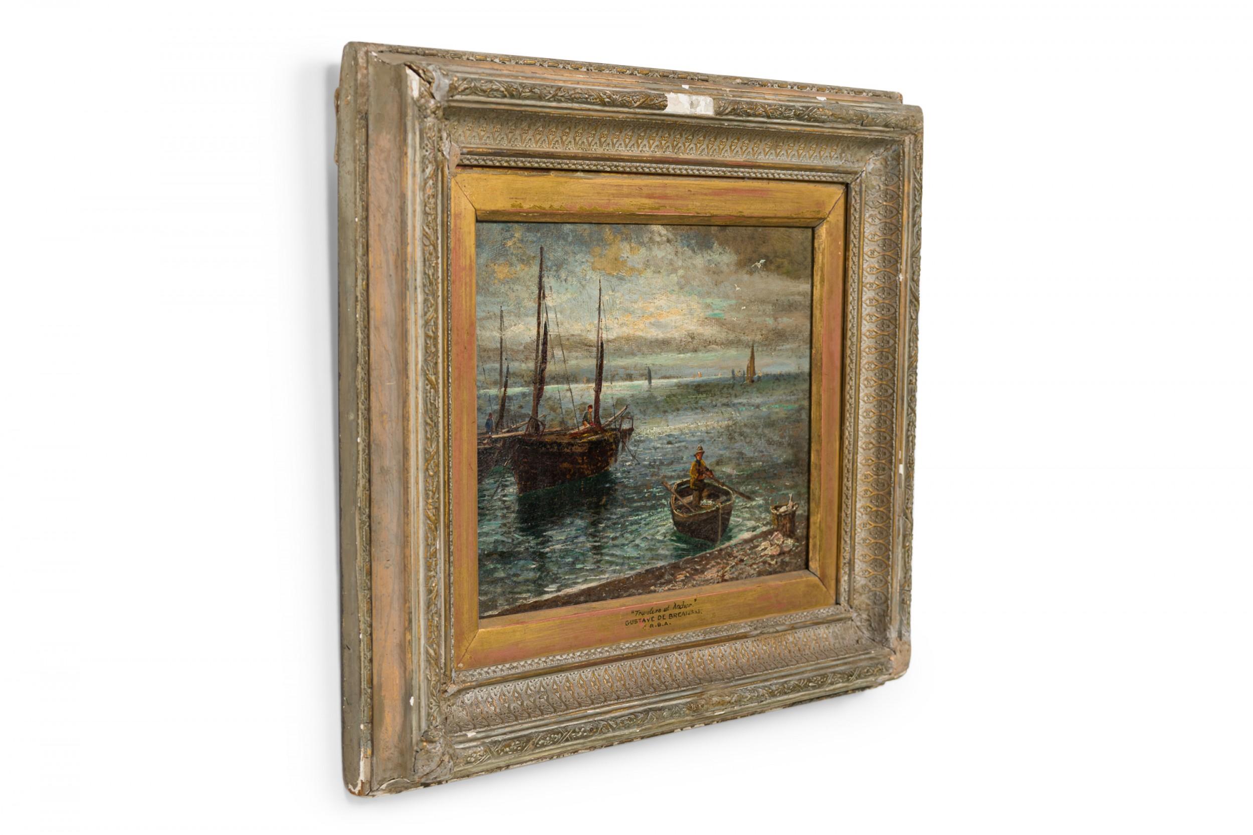 Quadro a olio vittoriano inglese, sbiancato e intagliato, raffigurante un paesaggio marino con barche a remi e a vela sulla riva. (firmato BREANSKI)