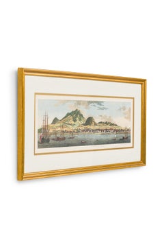 English Victorian Seascape Print of a Harbor City and a SailBoat