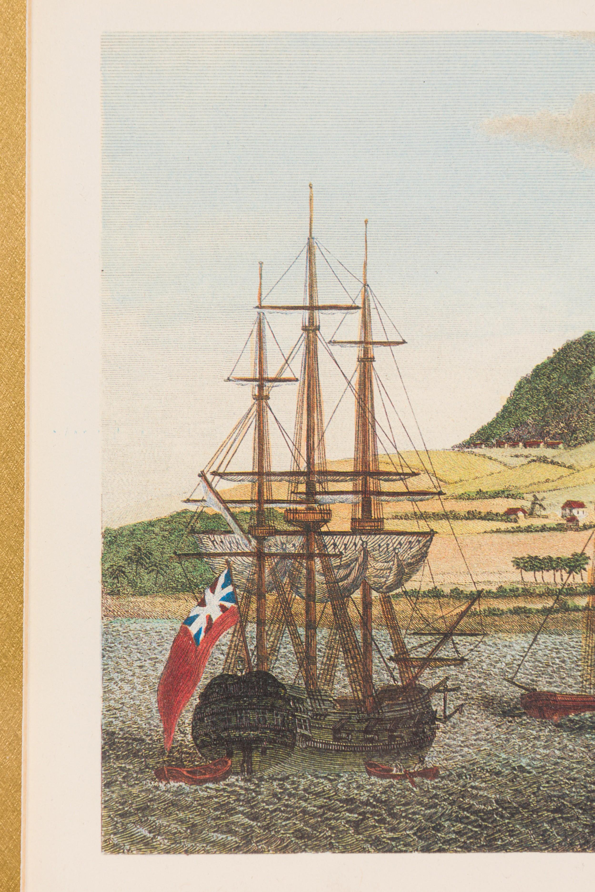 Britannique Gravure victorienne anglaise d'un paysage marin représentant une ville portuaire et un voilier avec un en vente