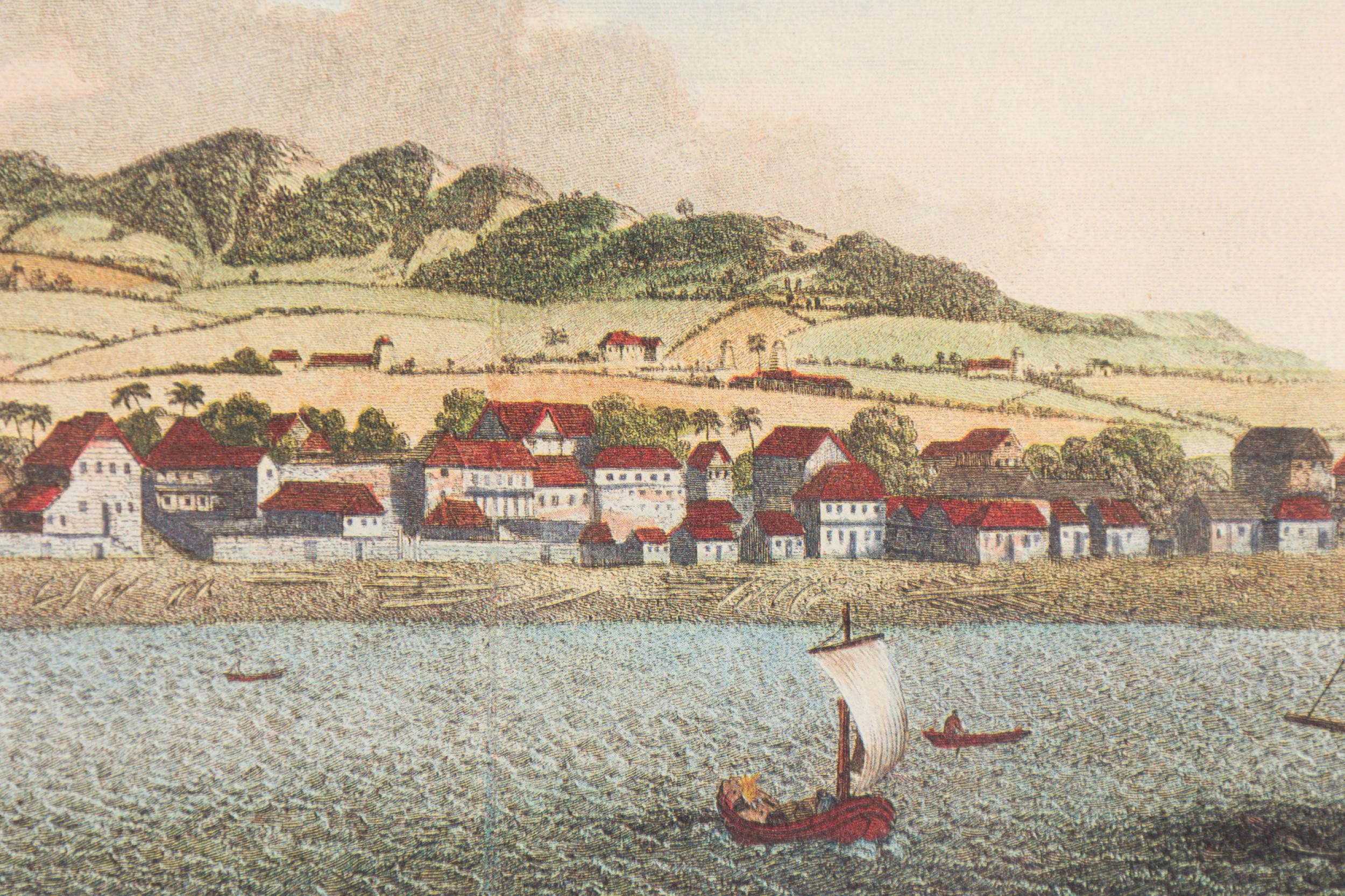 XIXe siècle Gravure victorienne anglaise d'un paysage marin représentant une ville portuaire et un voilier avec un en vente