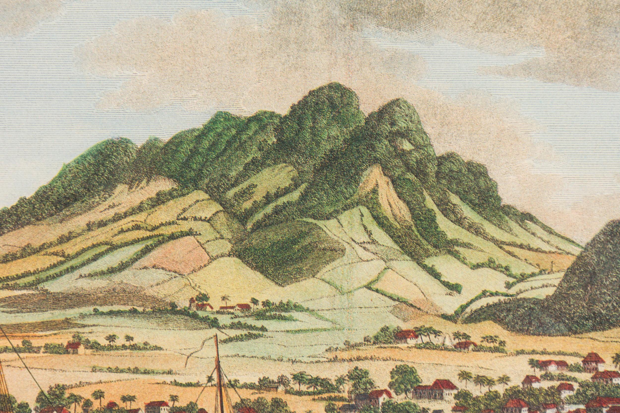 Or Gravure victorienne anglaise d'un paysage marin représentant une ville portuaire et un voilier avec un en vente