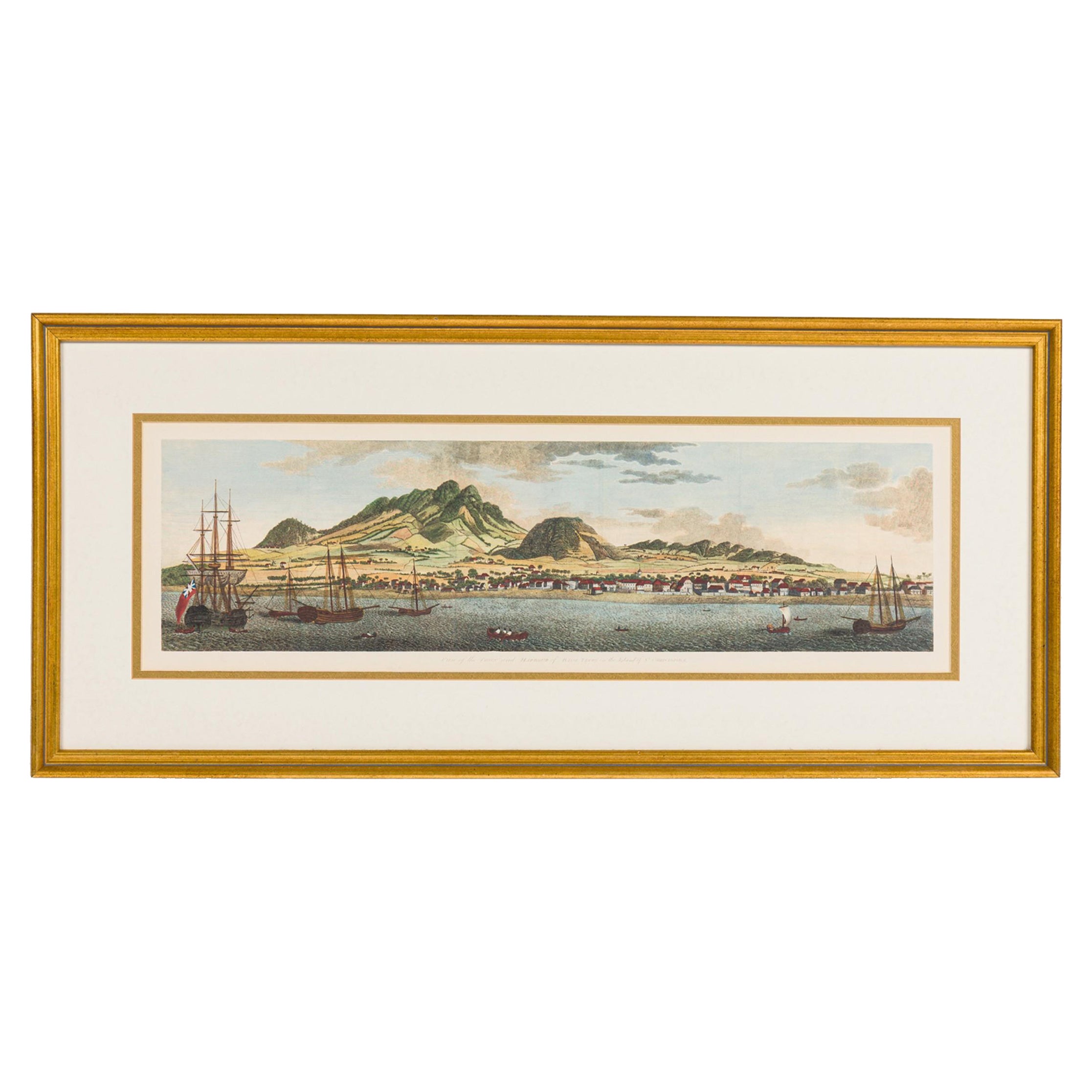 Gravure victorienne anglaise d
un paysage marin représentant une ville portuaire et un voilier avec un en vente