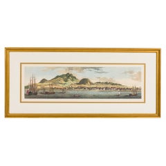 Gravure victorienne anglaise d
un paysage marin représentant une ville portuaire et un voilier avec un