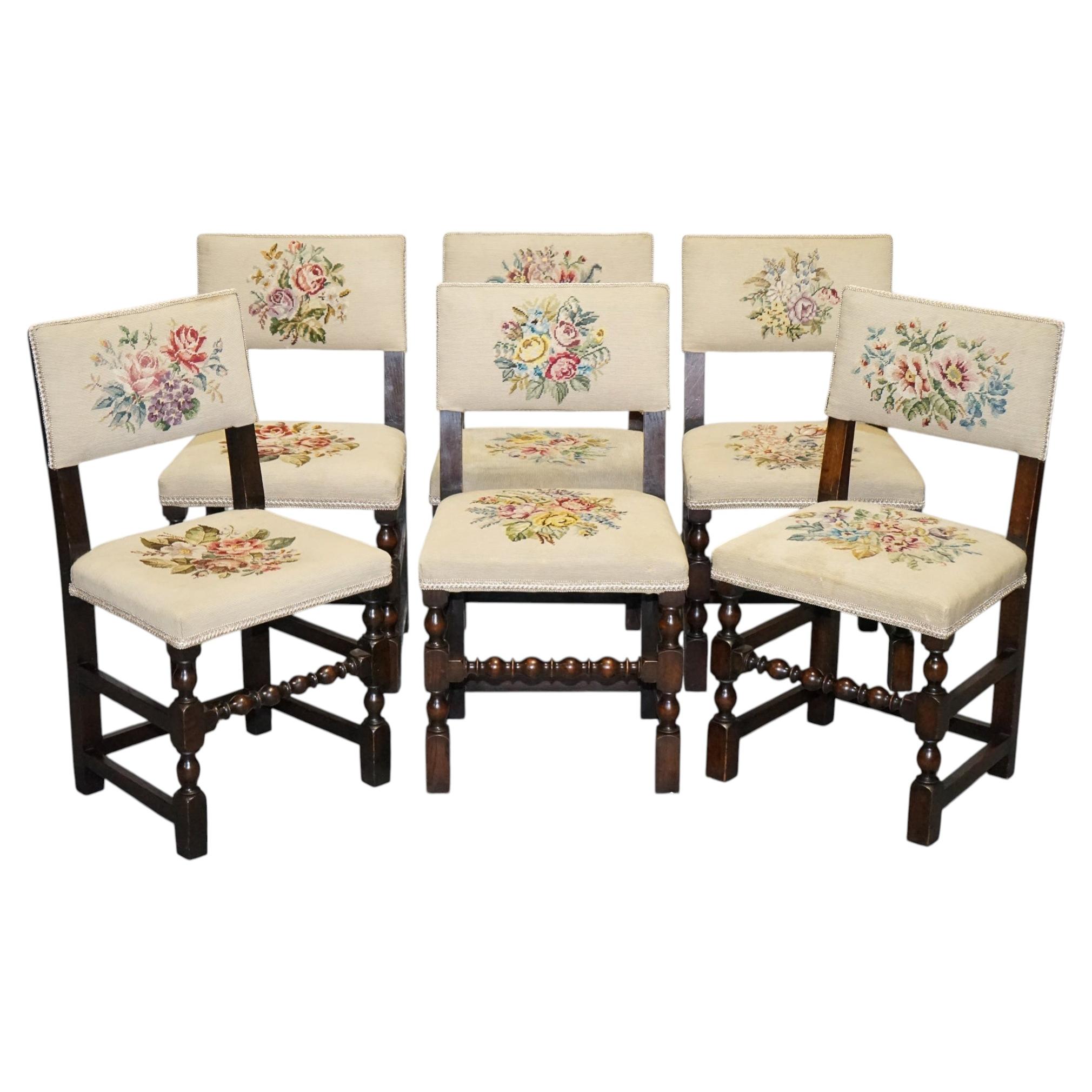 ENGLISH VICTORIAN SET OF SIX ORIGINAL FLORAL TAPESTRY UPHOLSTERY DINNING CHAiRS