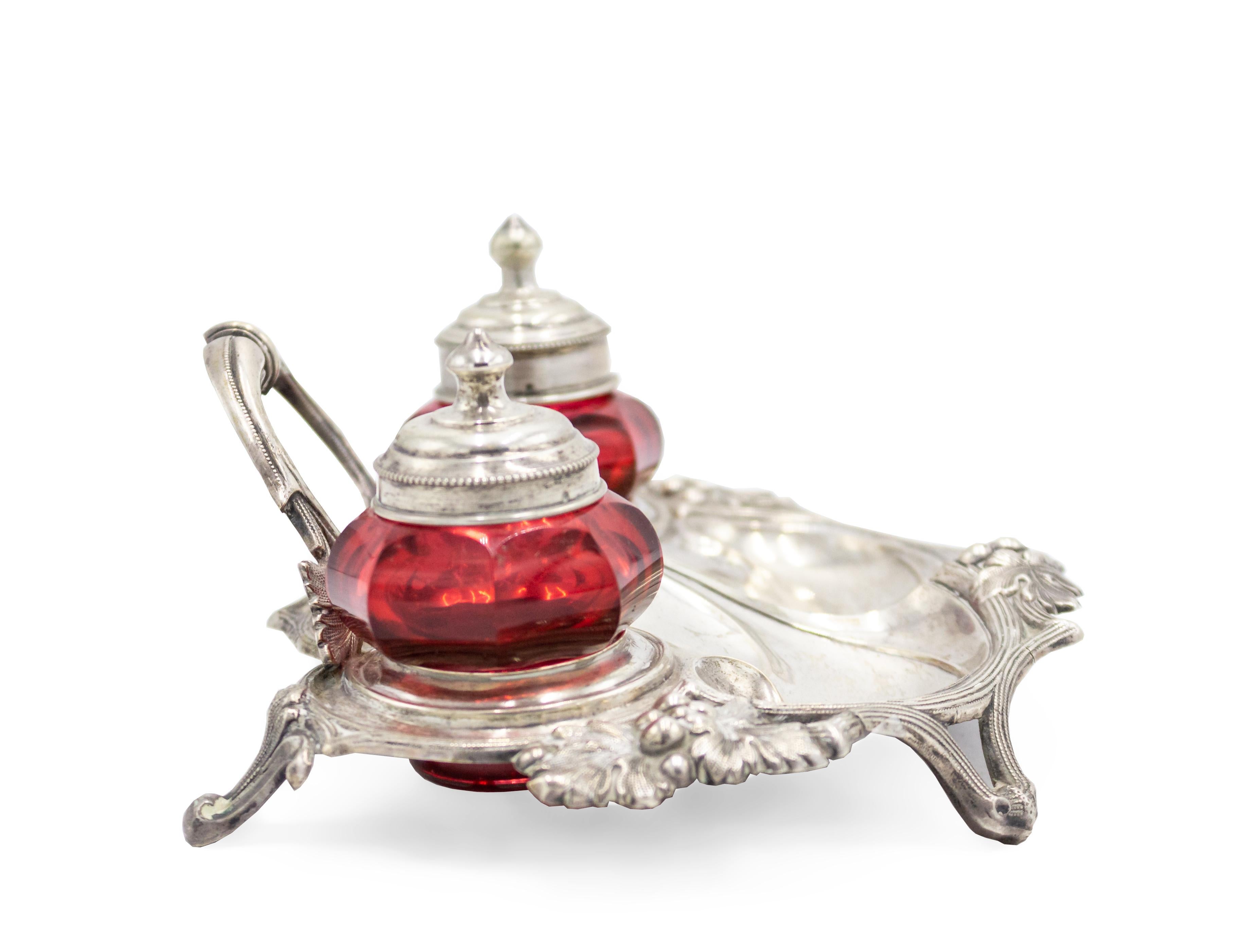 British English Victorian Silver and Cranberry Glass Inkwell For Sale
