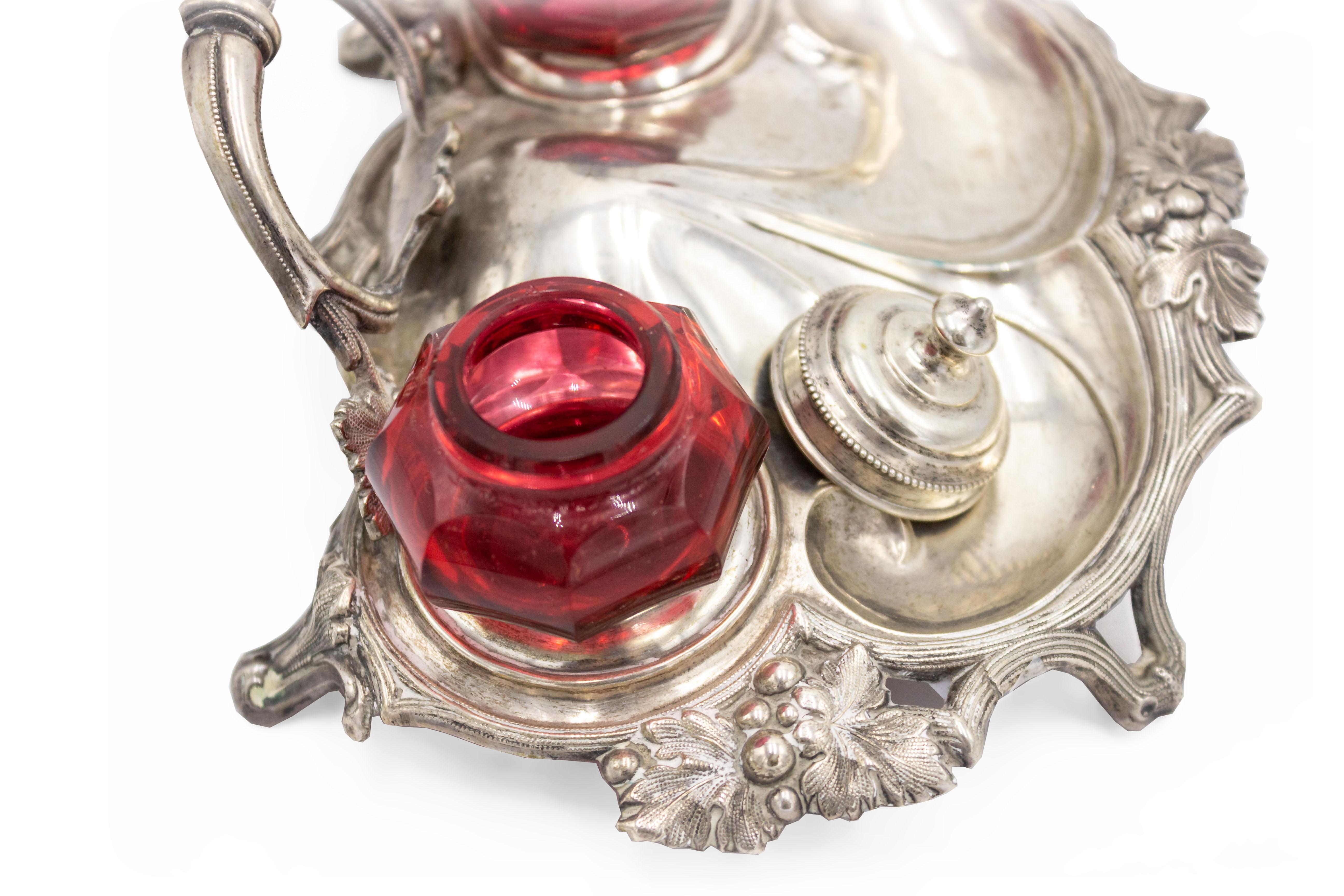 English Victorian Silver and Cranberry Glass Inkwell In Good Condition For Sale In New York, NY