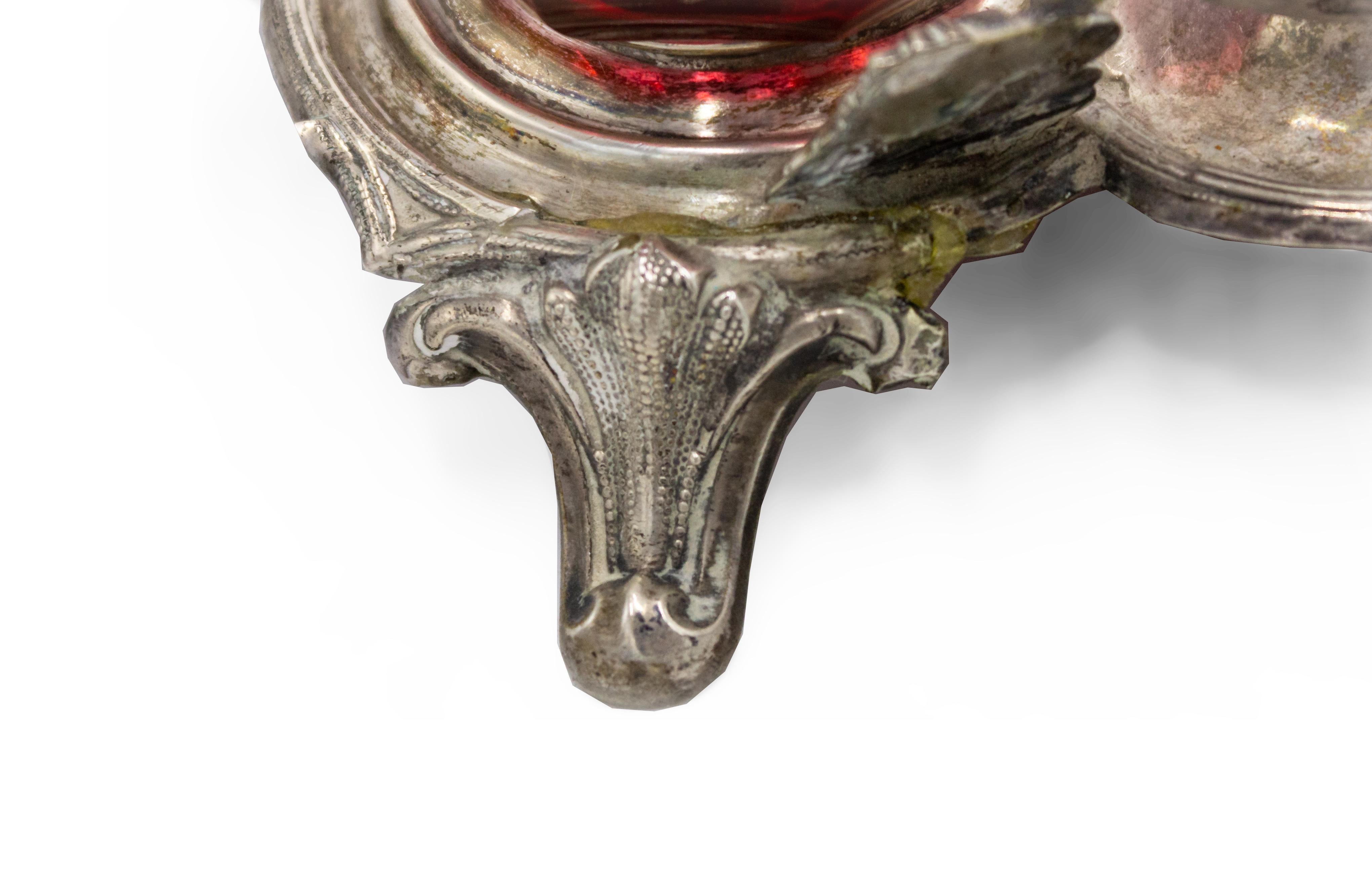 19th Century English Victorian Silver and Cranberry Glass Inkwell For Sale