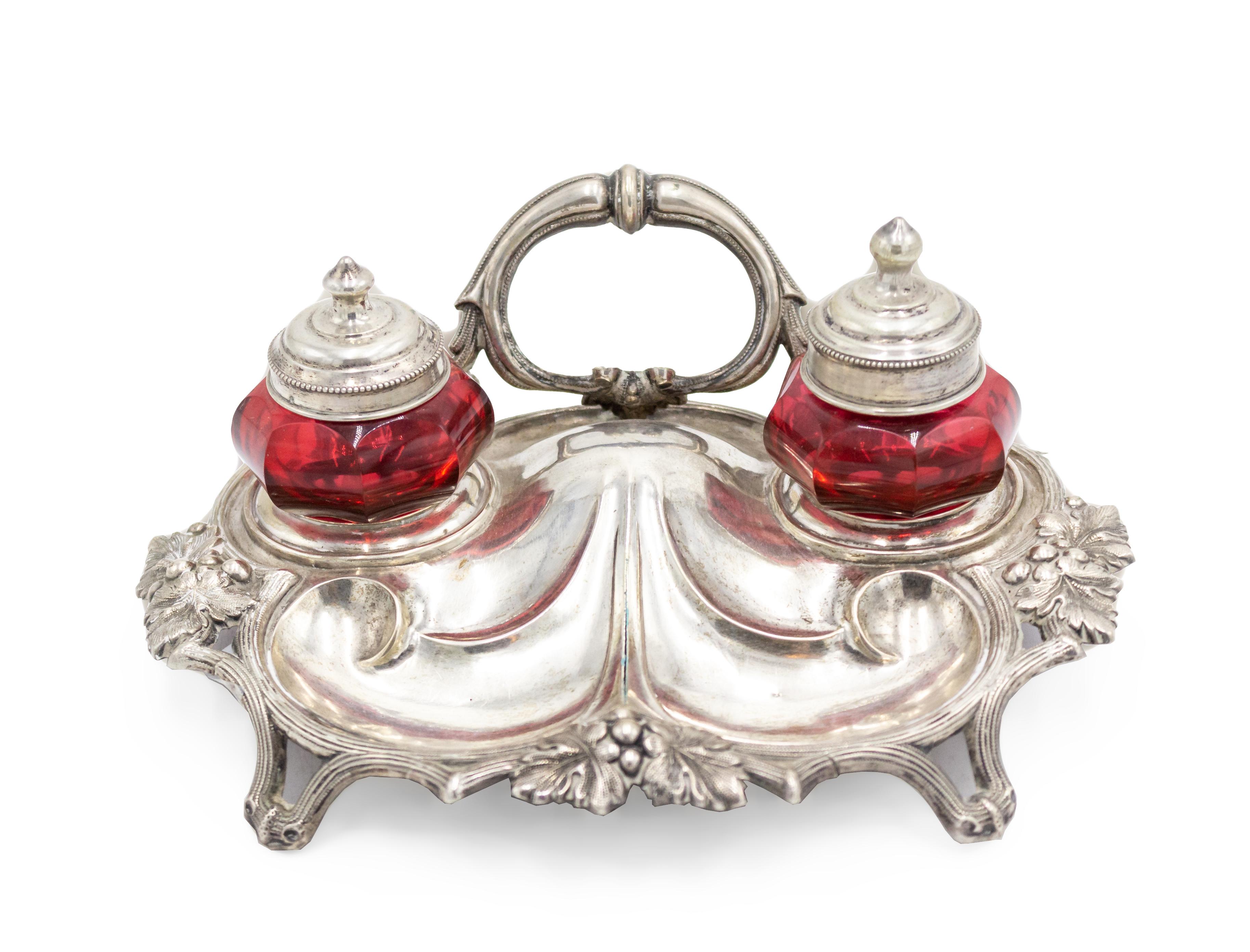 English Victorian Silver and Cranberry Glass Inkwell For Sale 1