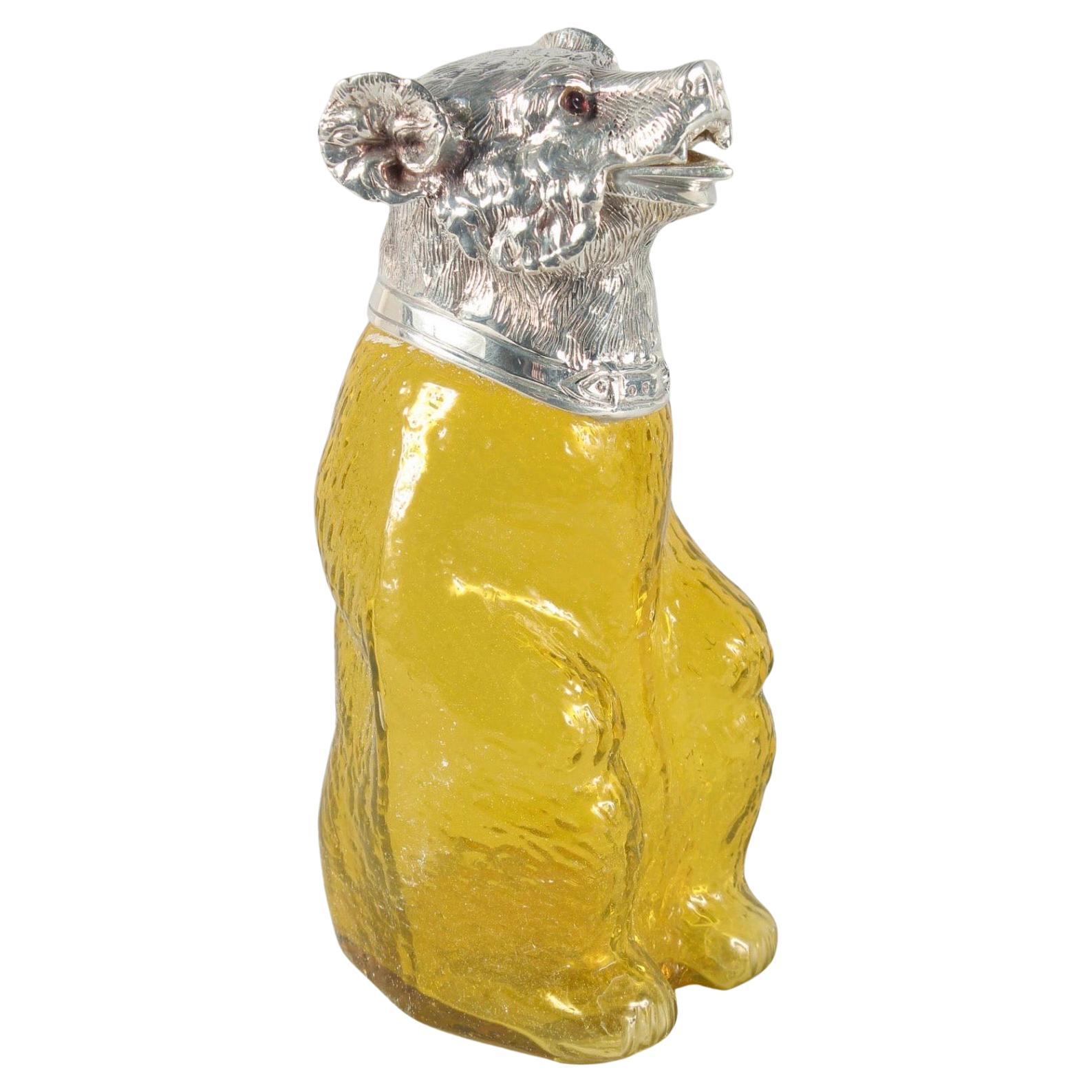 English Victorian Silver Plate Yellow Glass Bear Decanter Claret For Sale