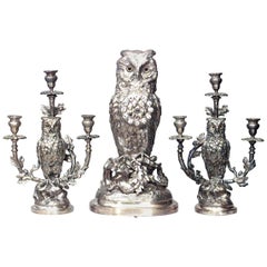 English Victorian Silver-Plated Owl Design Clock and Pair of Candelabra