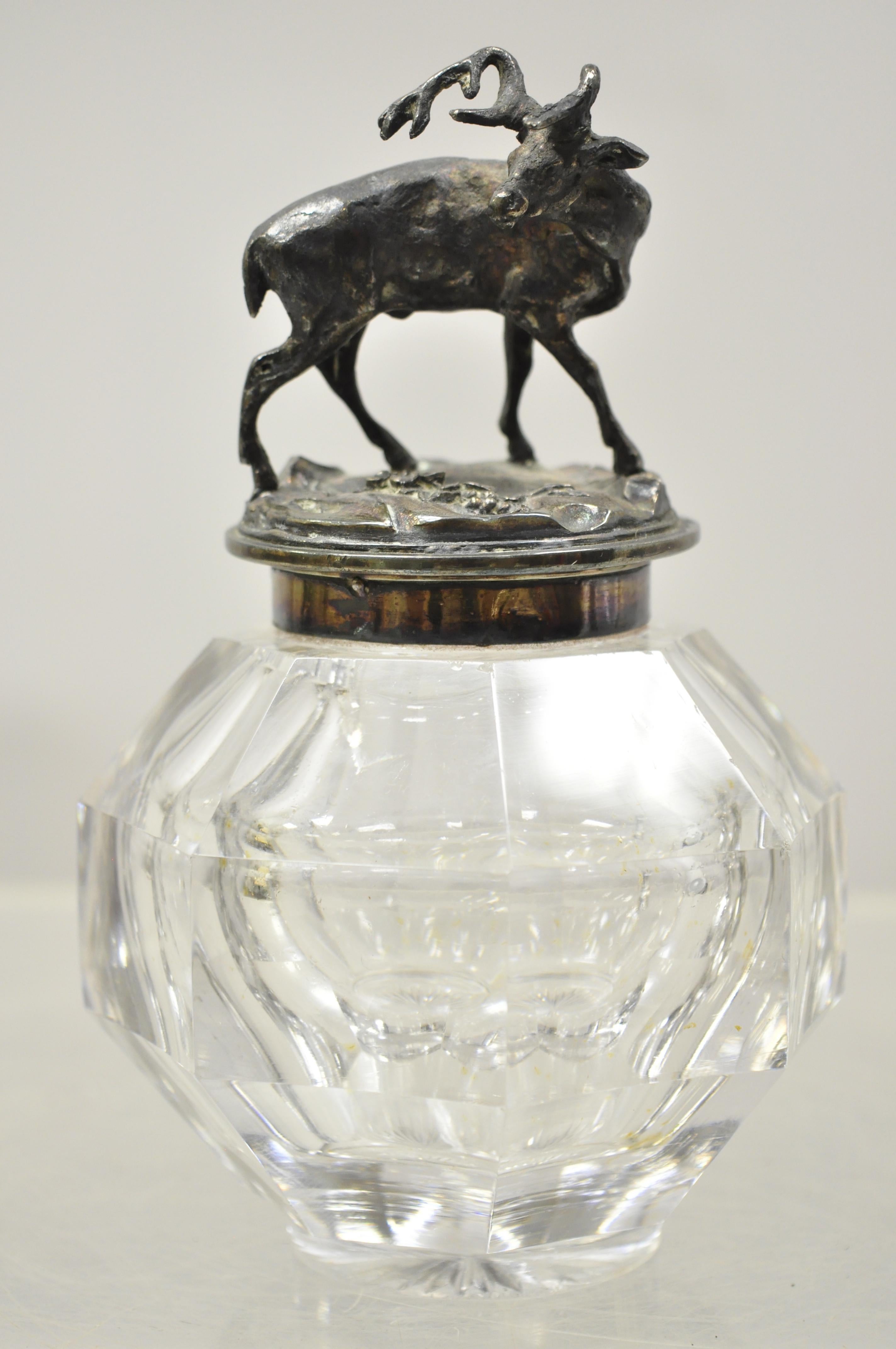 Antique English Victorian silver plated figural platter tray with stag mounted glass inkwell attributed to Gorham & Son. Item raised on ball and claw feet, four different hunting scenes to tray with cherubs and shells, inkwell is topped with silver