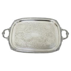 English Victorian Silver Plated Twin Handle Butlers Serving Platter Bar Tray