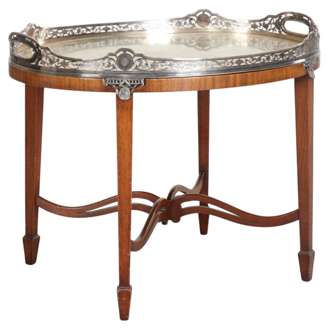 English Victorian Silverplate Gallery Tray on Custom Mahogany Butler's Stand