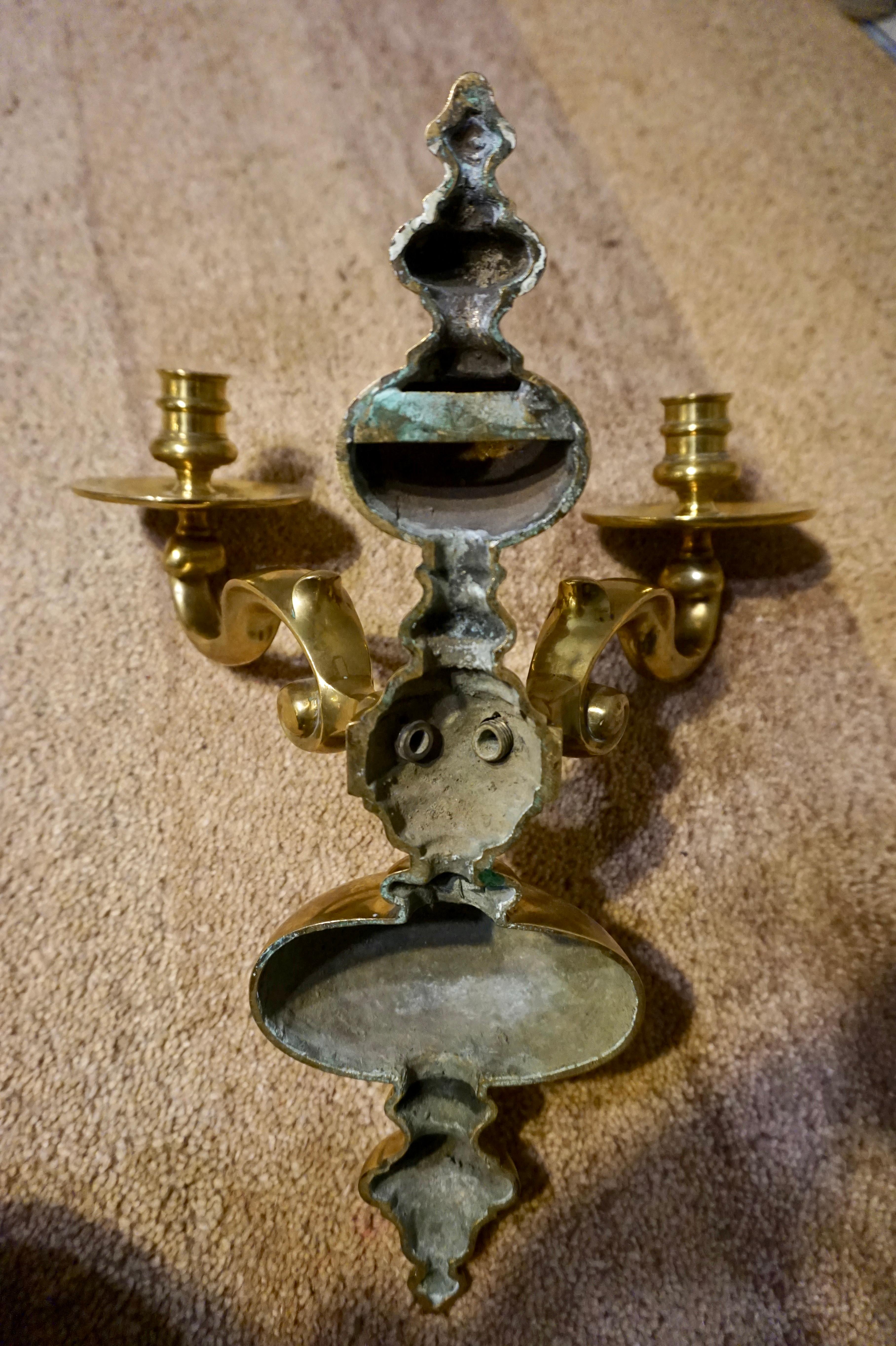 English Victorian Solid Brass Wall Candelabra Hanging Candlestand 3