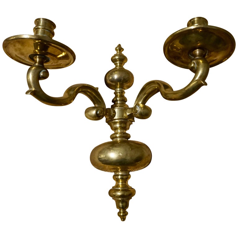 English Victorian Solid Brass Wall Candelabra Hanging Candlestand at