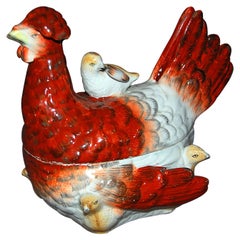 Antique English Victorian Staffordshire Fancy Chicken and Chicks on Basket