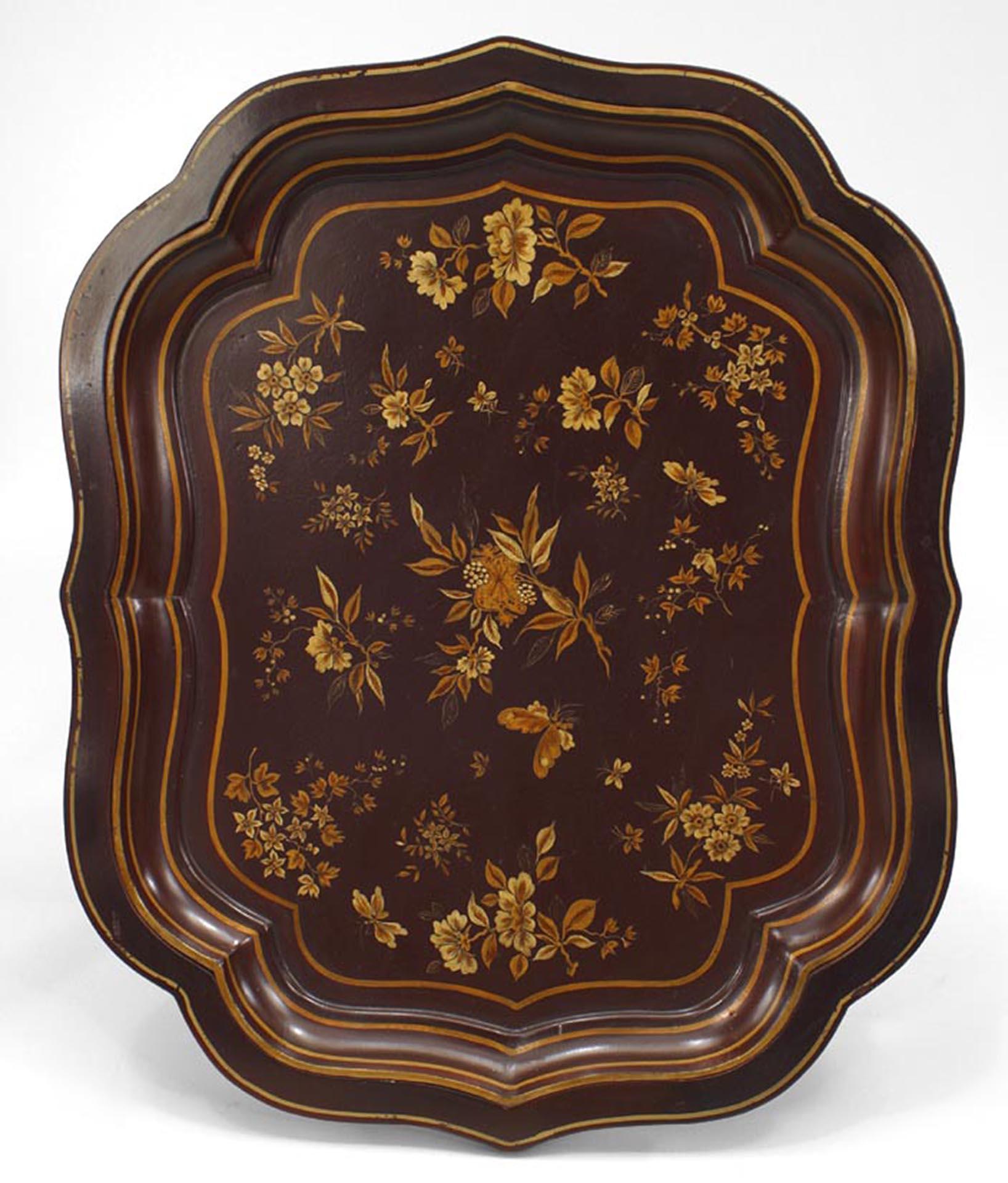 English Victorian tray top table with maroon and gilt stenciled floral decorated papier-mache tray top and faux bamboo base.
