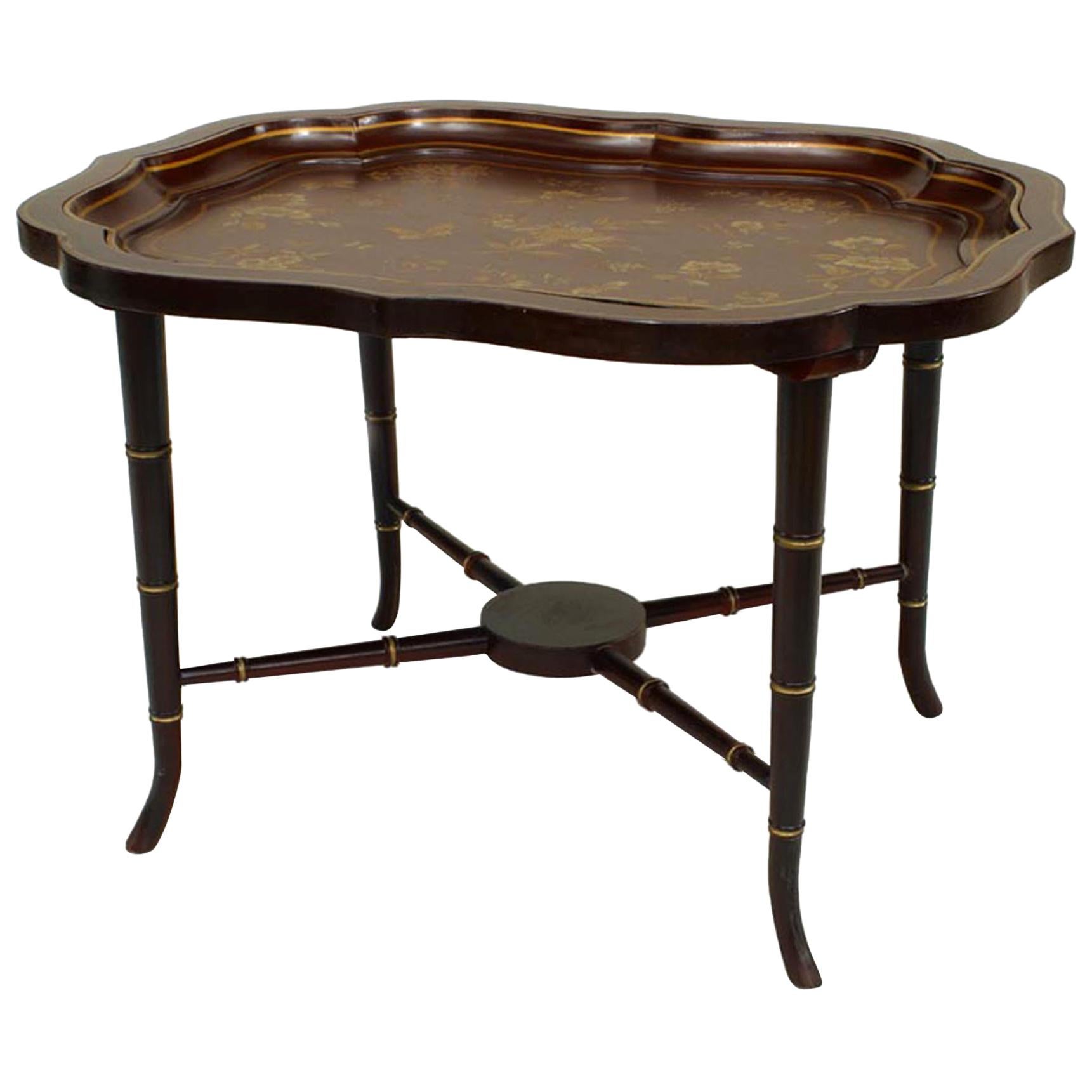 English Victorian Maroon and Floral Painted Tray Top Table For Sale