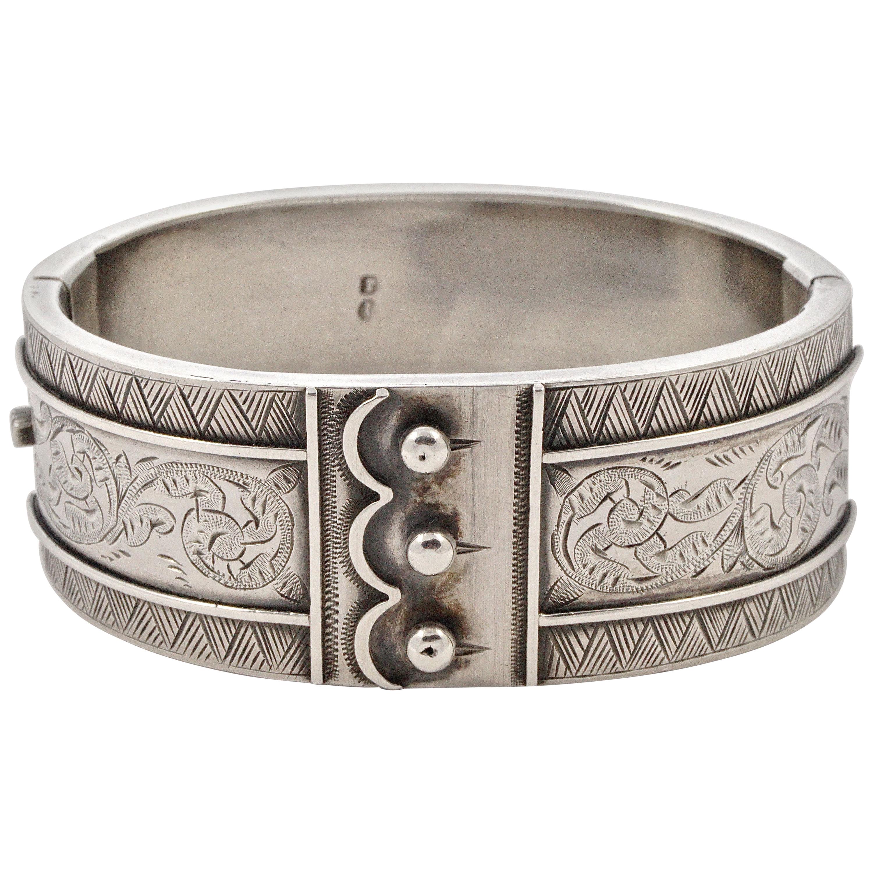 English Victorian Sterling Silver Triple Button Cuff Engraved Bangle Bracelet