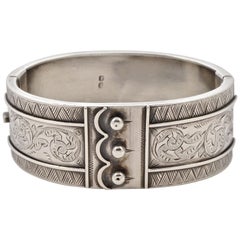 Antique English Victorian Sterling Silver Triple Button Cuff Engraved Bangle Bracelet