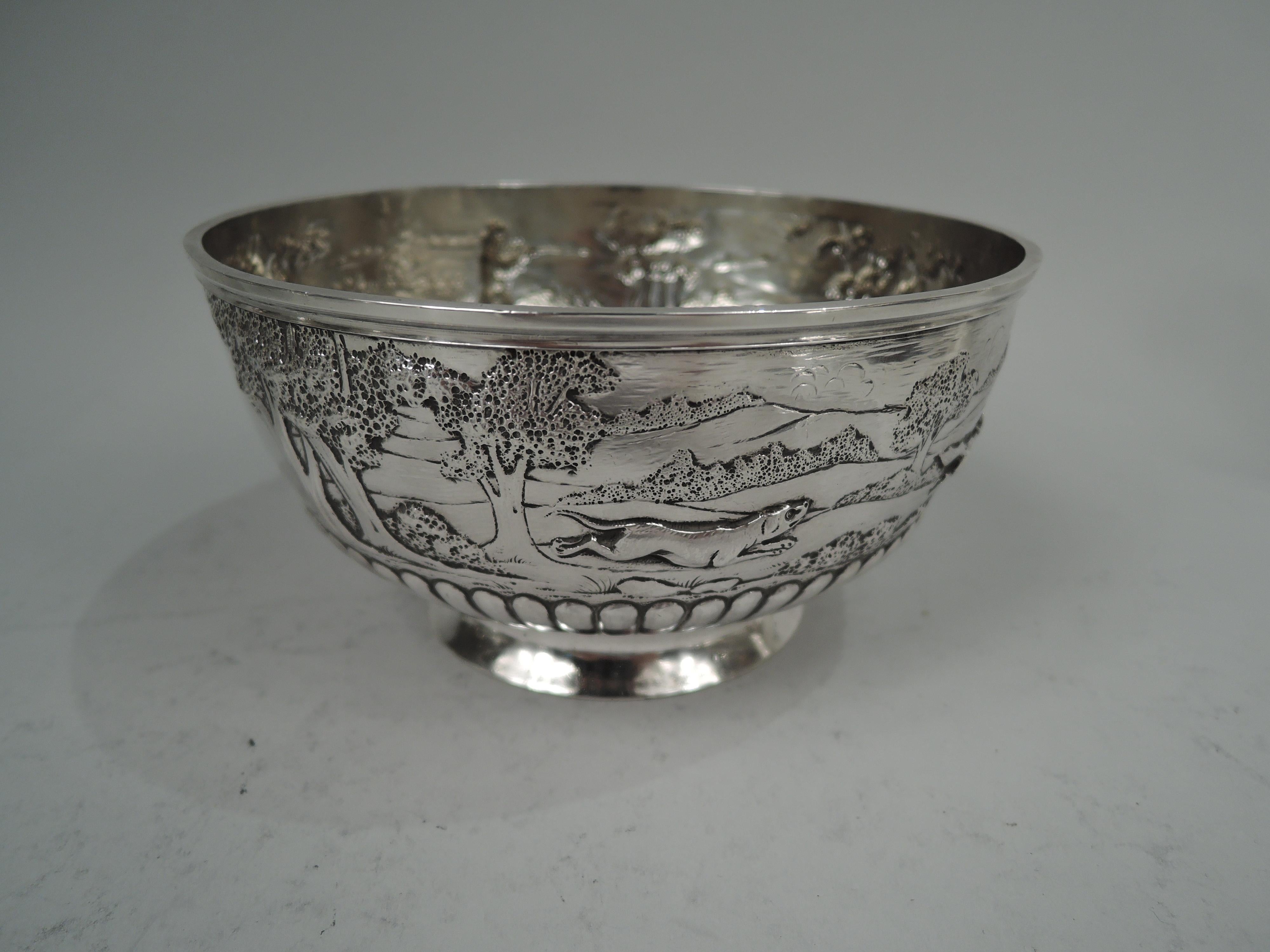 Late 19th Century English Victorian Sterling Silver Bowl with Rural Fox Hunt Scene For Sale