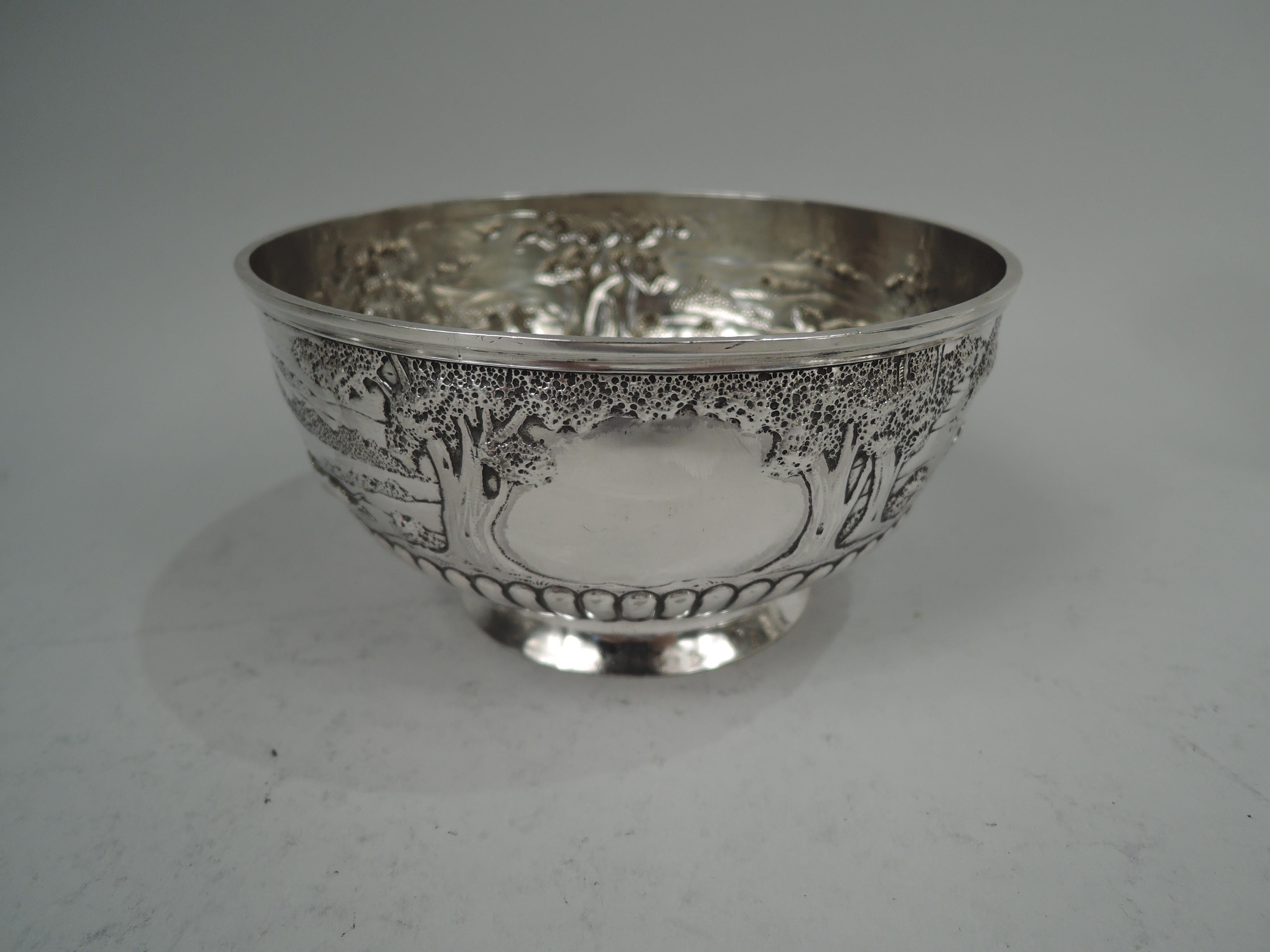 English Victorian Sterling Silver Bowl with Rural Fox Hunt Scene For Sale 1